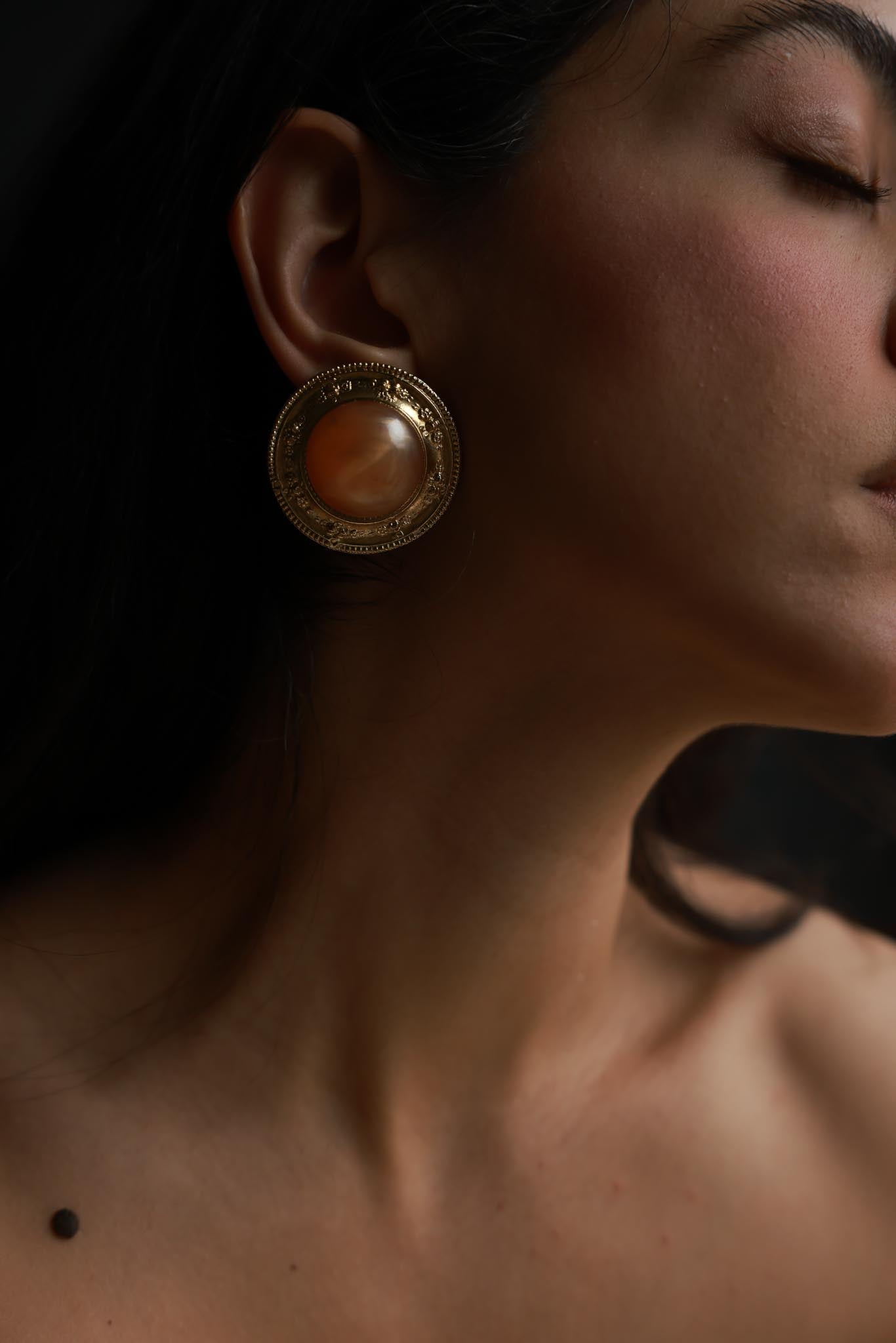Round Gold-Tone Apricot Cabochon Clip-On Earrings|Vintage Baazaar 