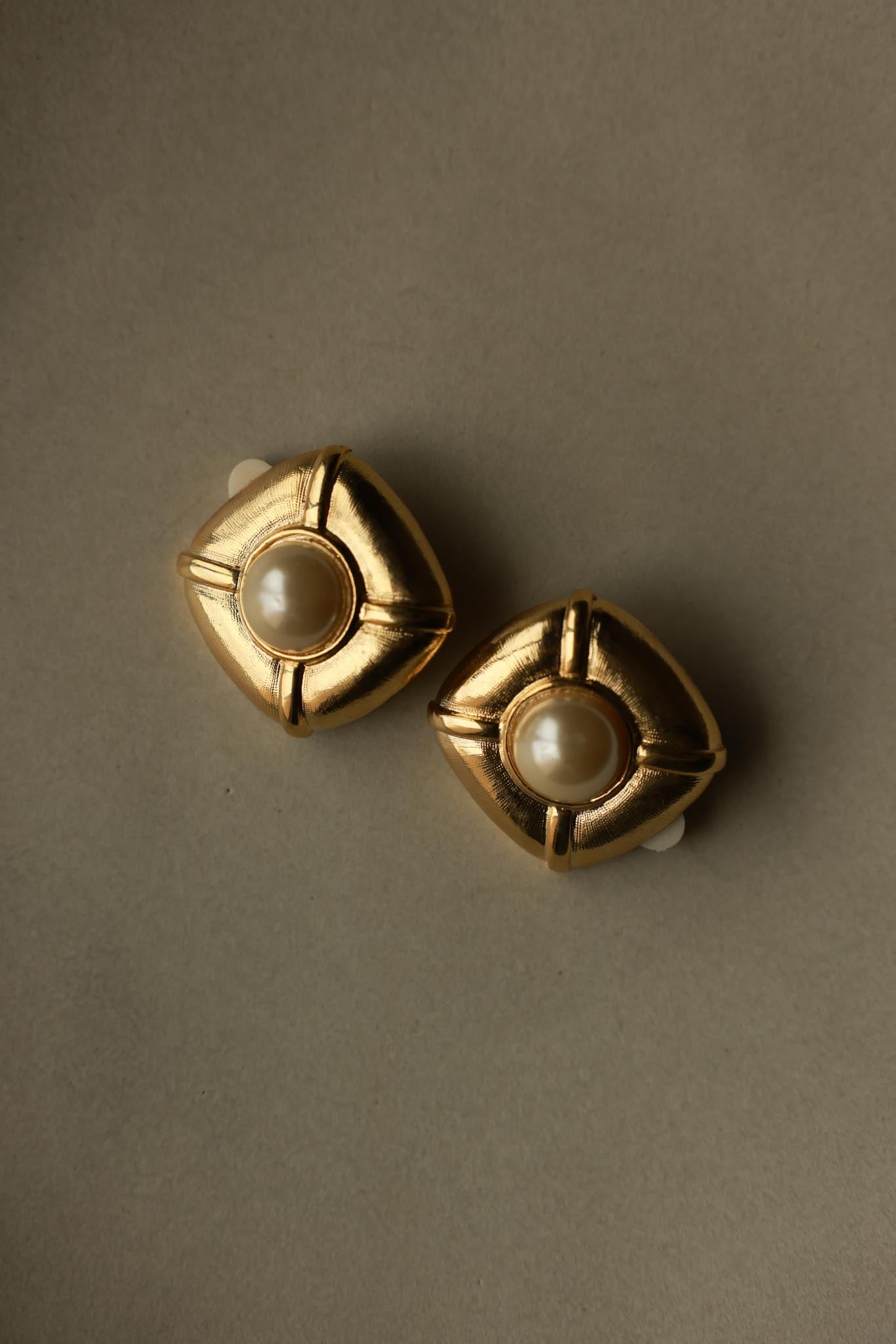 Oversized Gold-Plated Faux Pearl Clip-On Earrings|Vintage Baazaar 