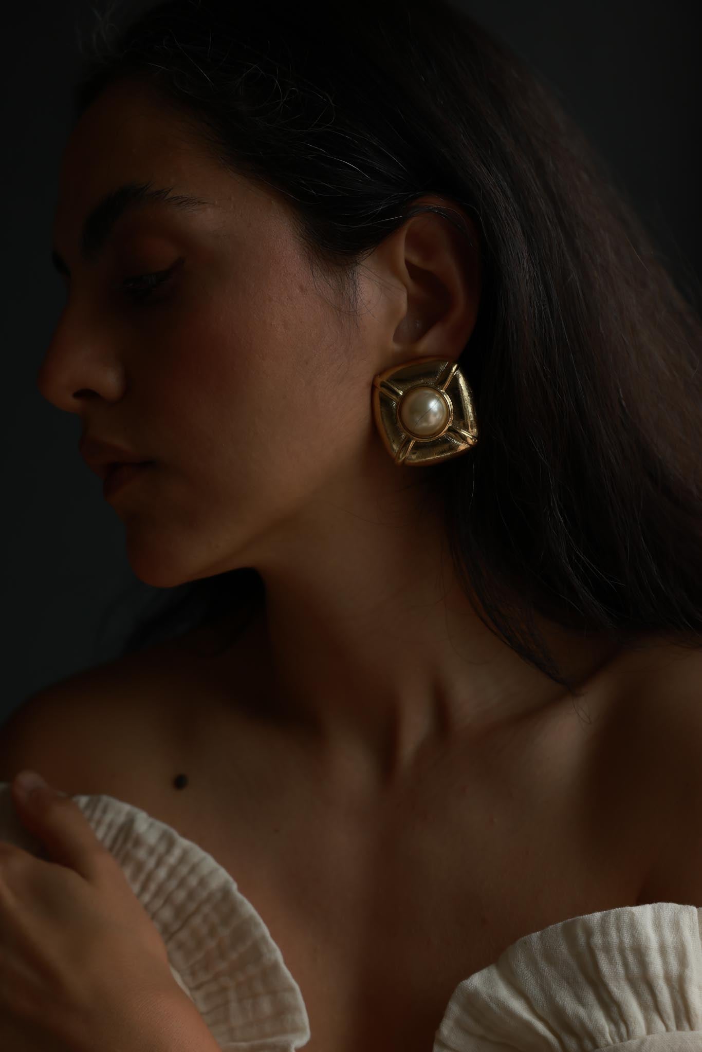 Oversized Gold-Plated Faux Pearl Clip-On Earrings|Vintage Baazaar 