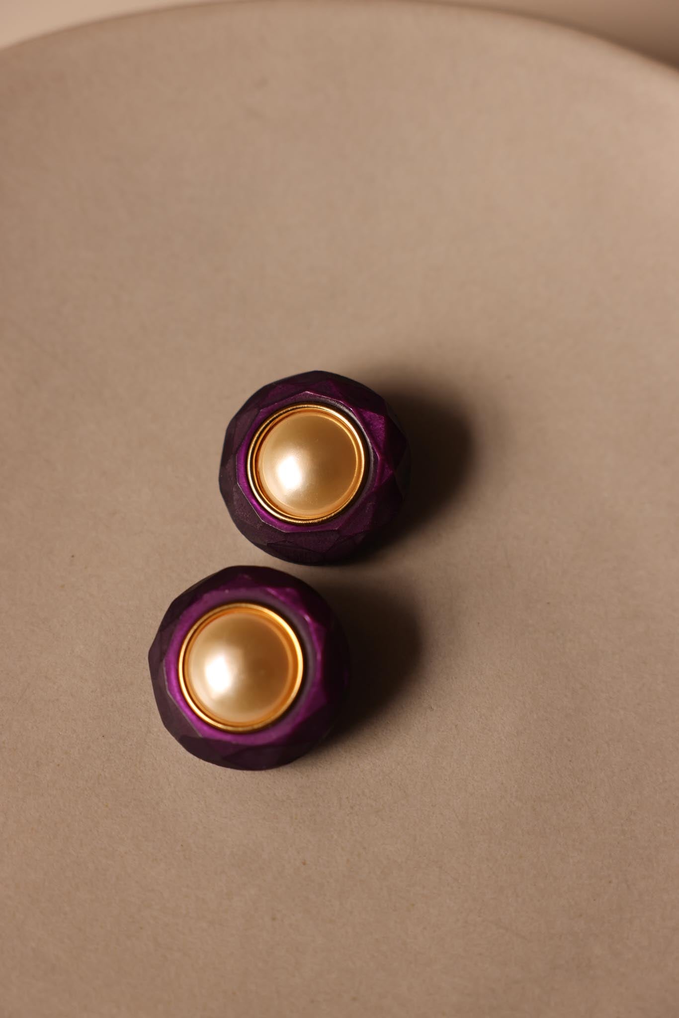 Purple and Gold Clip-On Earrings with Faux Pearls