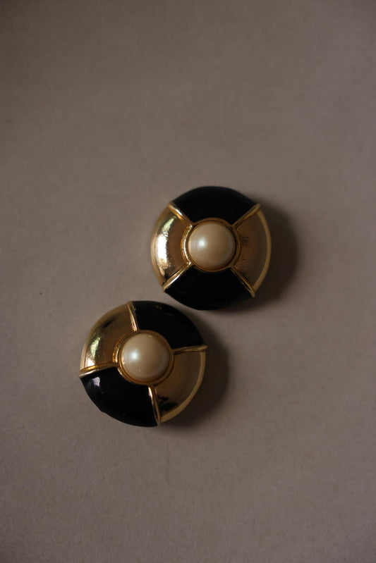 Black Enamel Pearl Clip-On Earrings