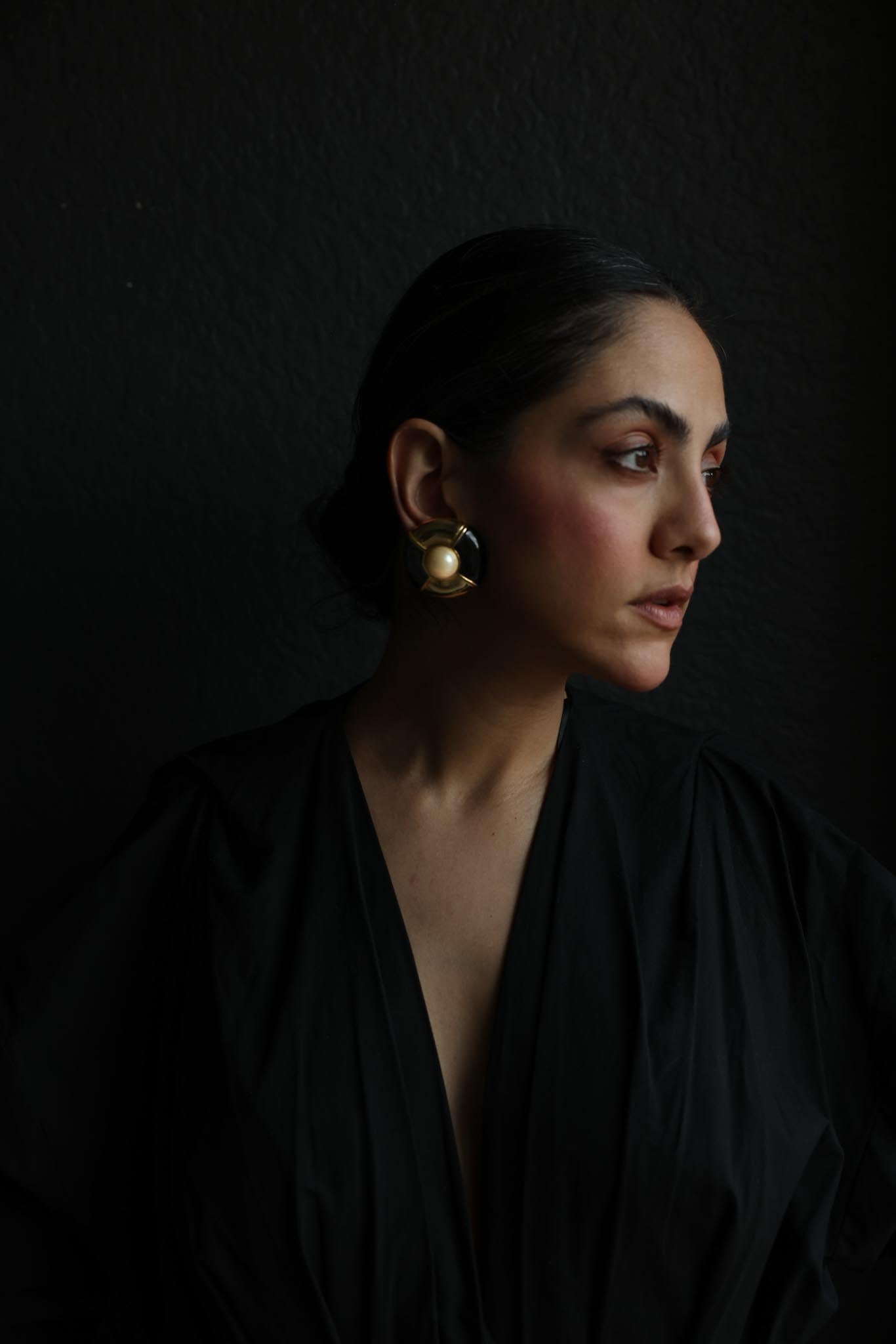 Black Enamel Pearl Clip-On Earrings