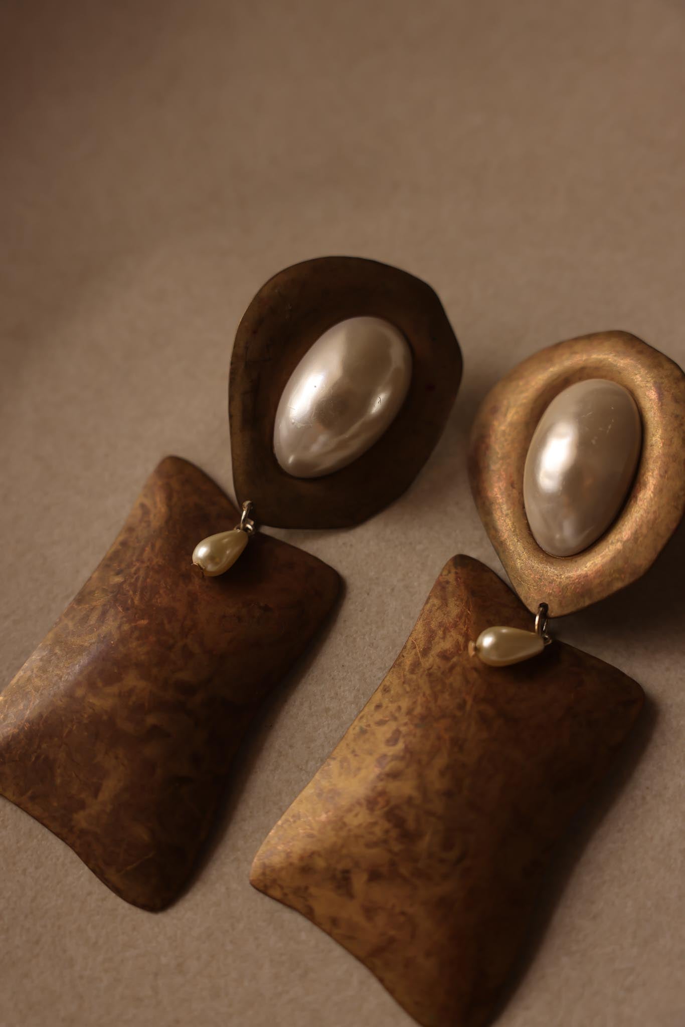Sculpted Bronze Clip-On Earrings with Faux Pearls - 1980s|Vintage Baazaar 