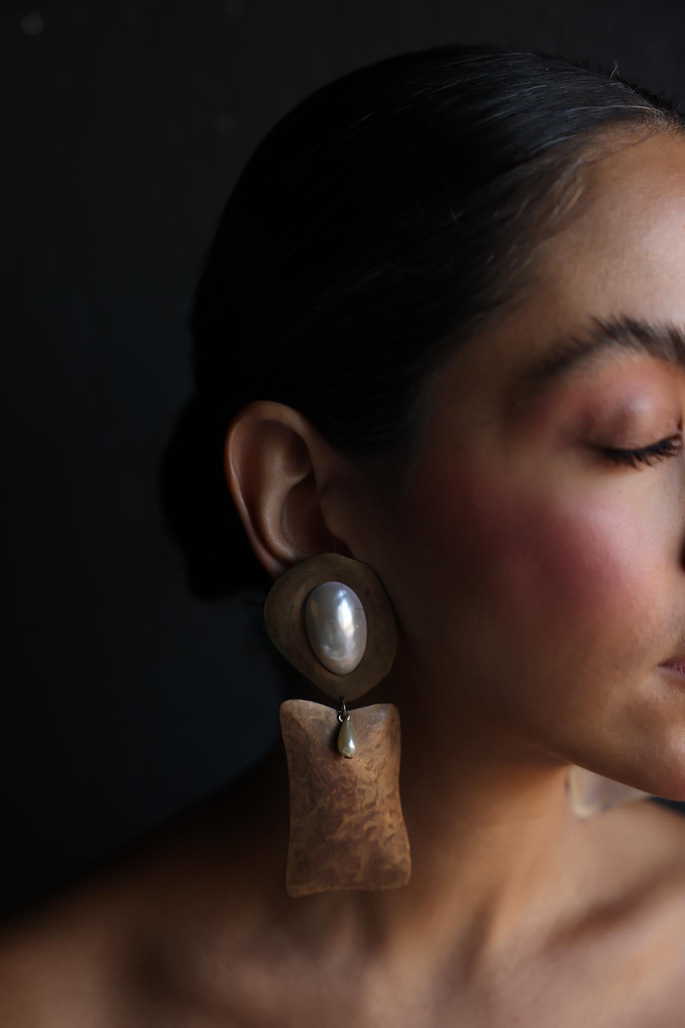 Sculpted Bronze Clip-On Earrings with Faux Pearls - 1980s|Vintage Baazaar 