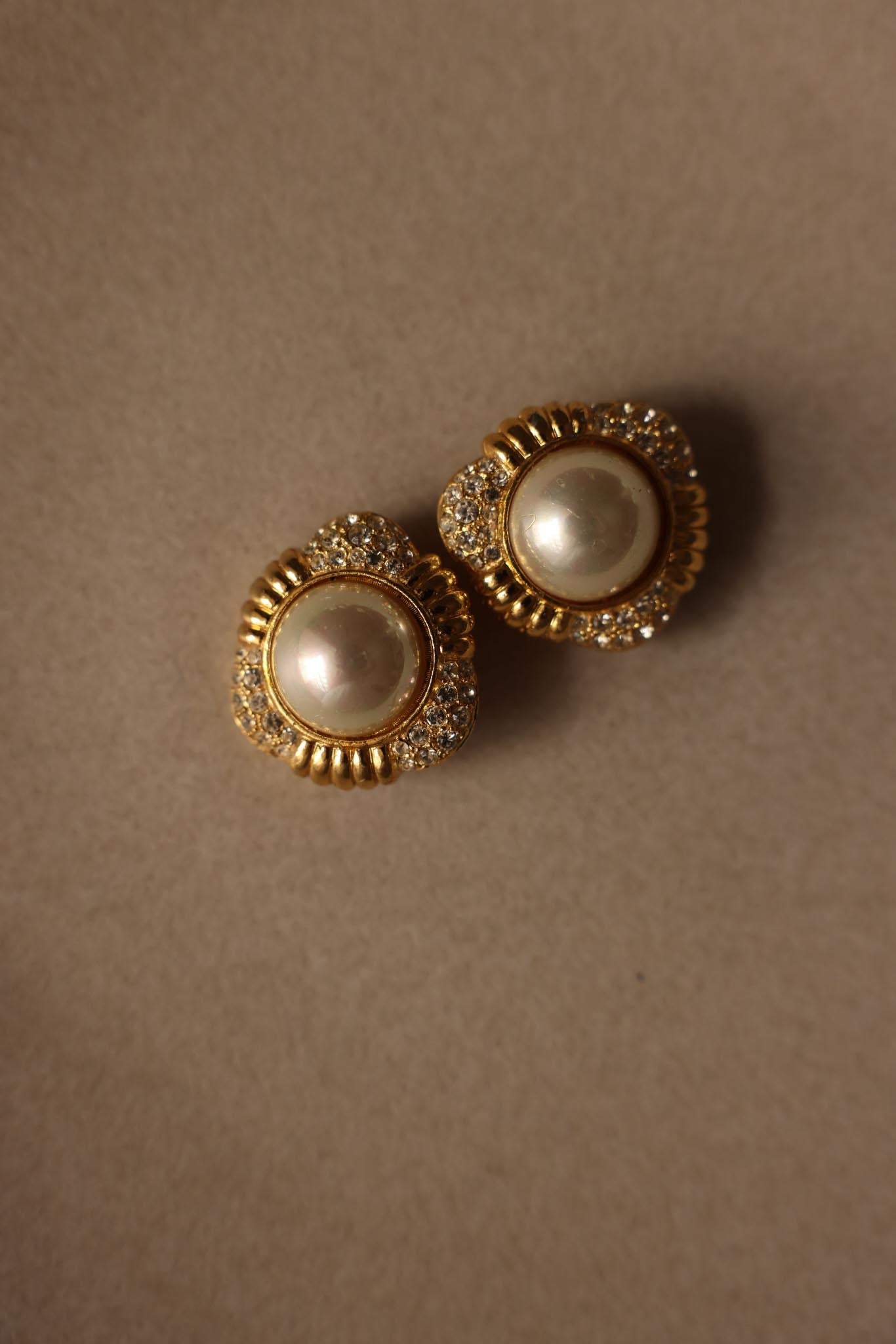 Gold-Tone Clip-On Earrings with Faux Pearls and Rhinestones|Vintage Baazaar 