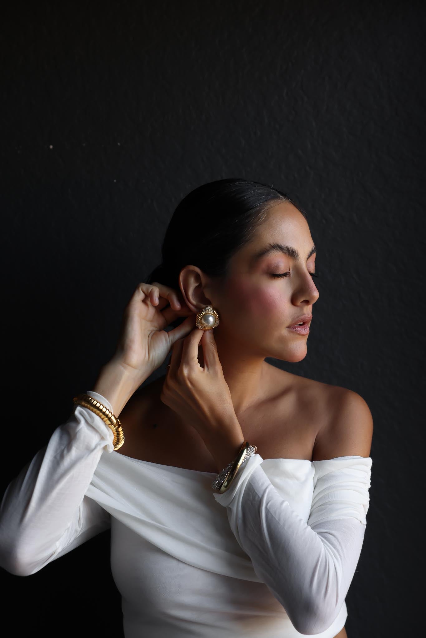 Gold-Tone Clip-On Earrings with Faux Pearls and Rhinestones|Vintage Baazaar 