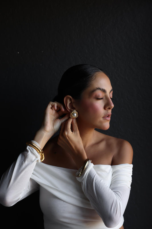 Gold-Tone Clip-On Earrings with Faux Pearls and Rhinestones|Vintage Baazaar 
