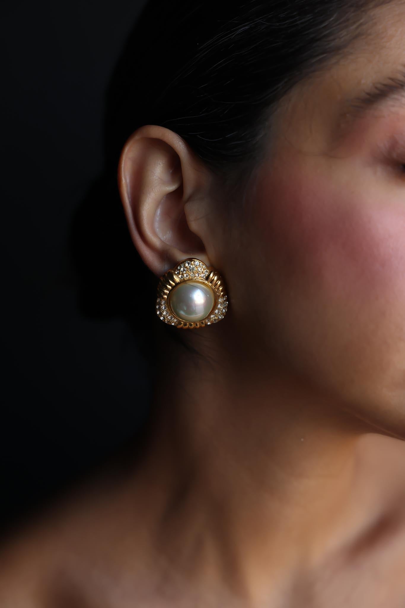 Gold-Tone Clip-On Earrings with Faux Pearls and Rhinestones|Vintage Baazaar 