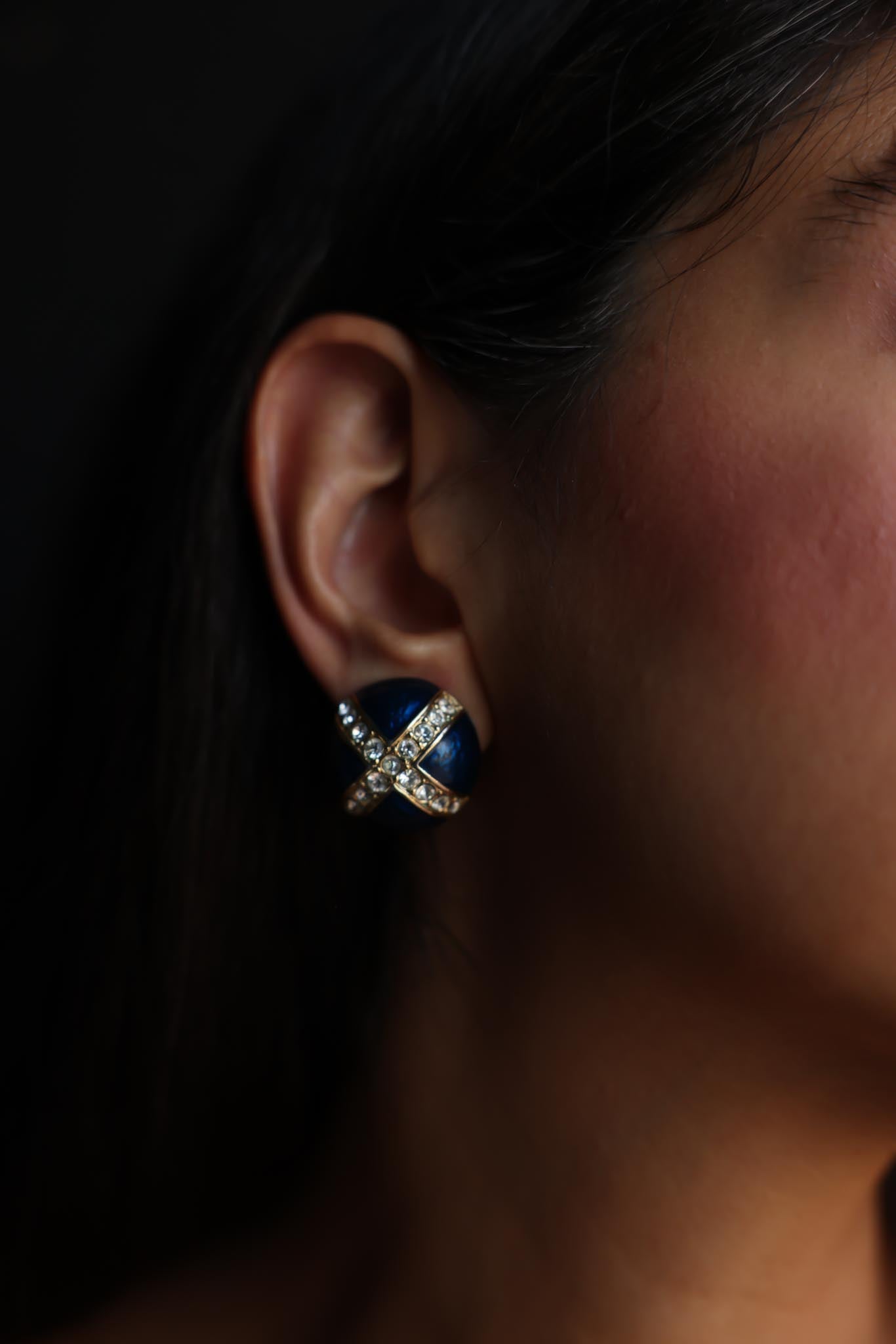 Navy Enamel and Rhinestone Clip-On Earrings|Vintage Baazaar 