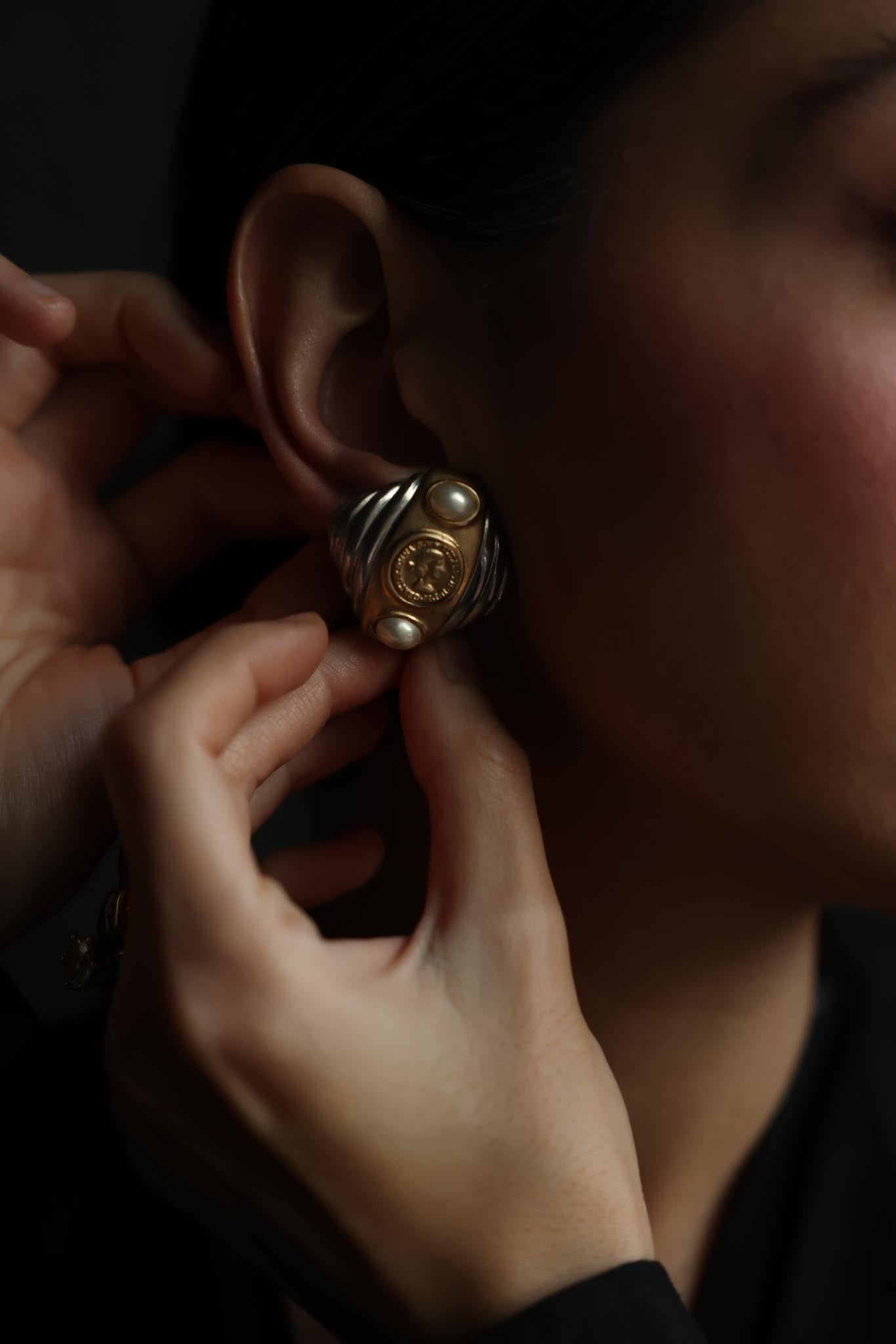 Roman Coin Pearl Clip-On Earrings