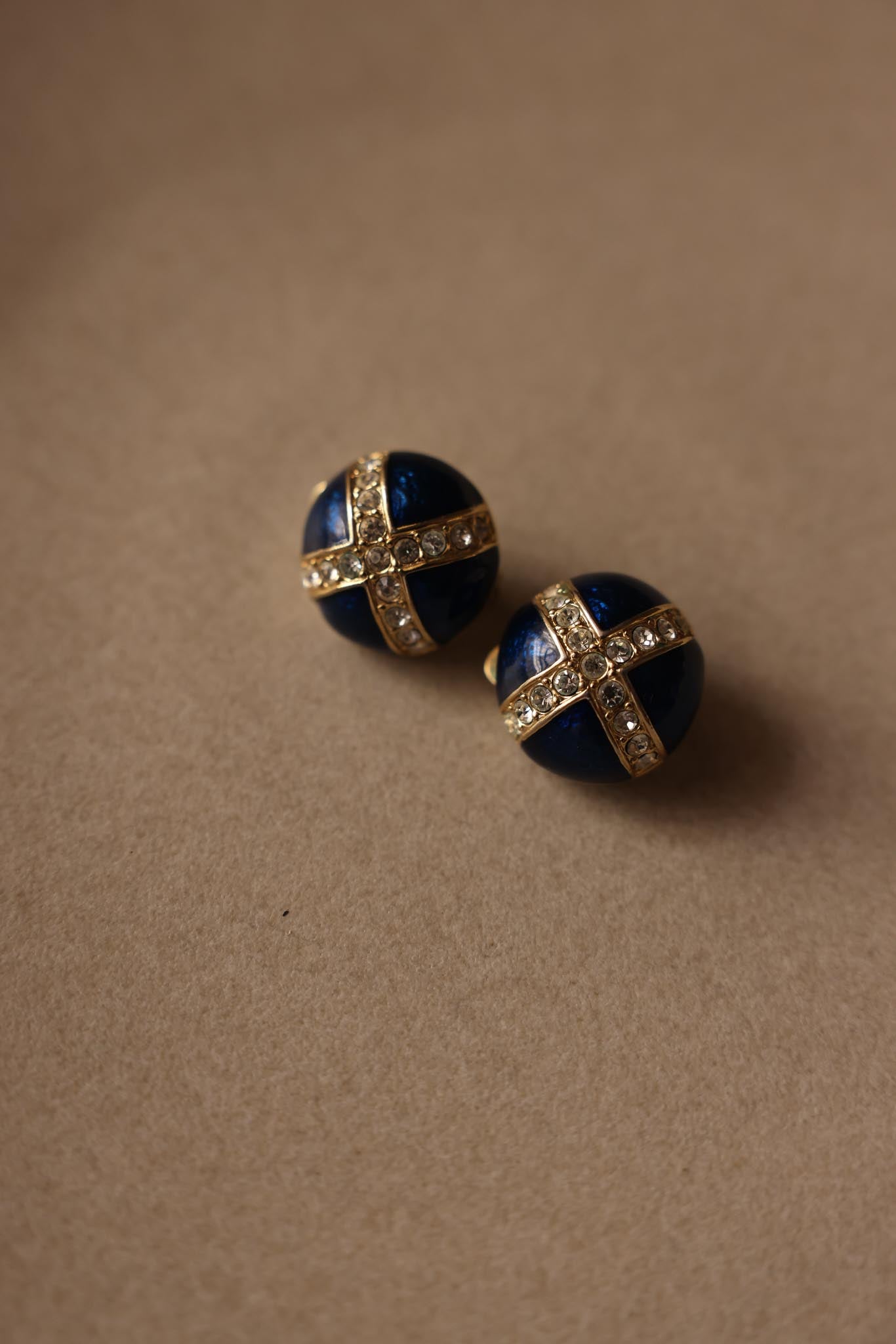 Navy Enamel and Rhinestone Clip-On Earrings|Vintage Baazaar 