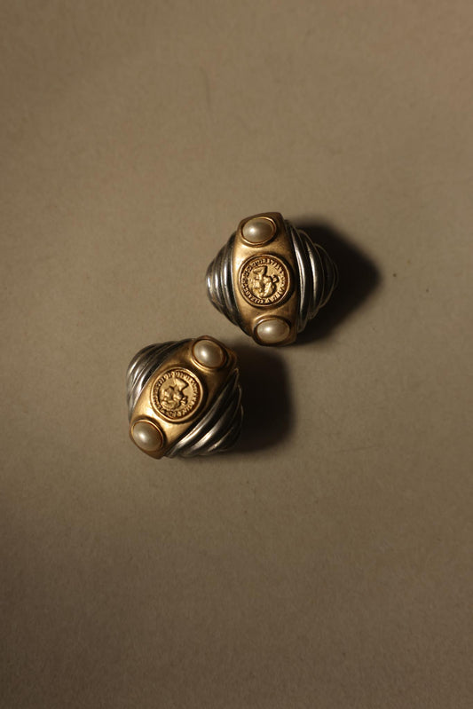 Roman Coin Pearl Clip-On Earrings
