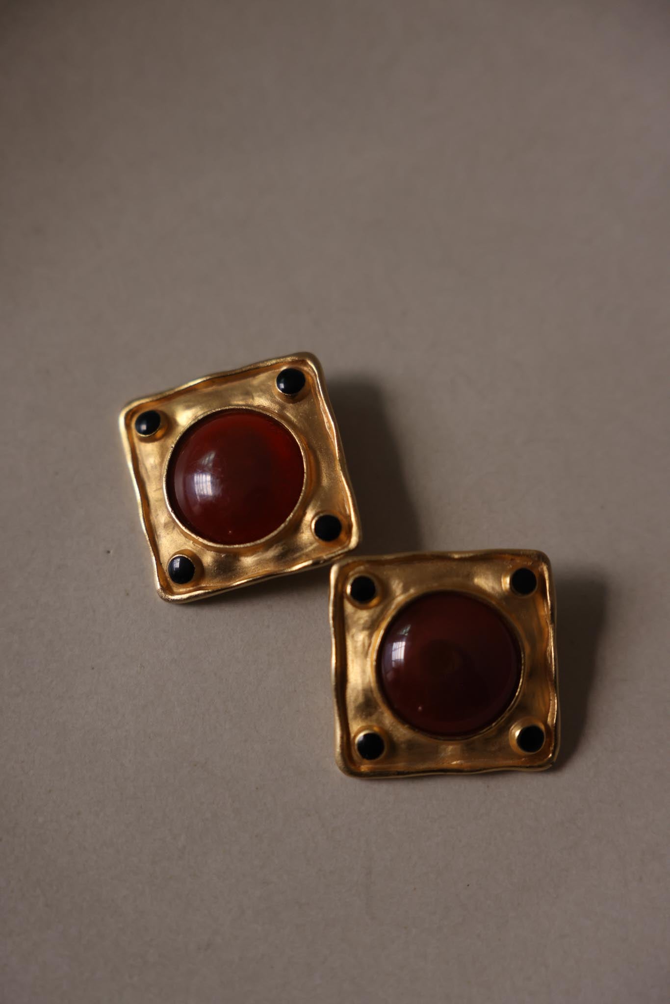 Oversized Square Clip-On Earrings with Amber Center