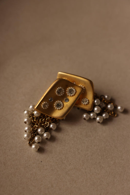 Matte Gold Clip-On Earrings with Faux Pearls and Rhinestones|Vintage Baazaar 