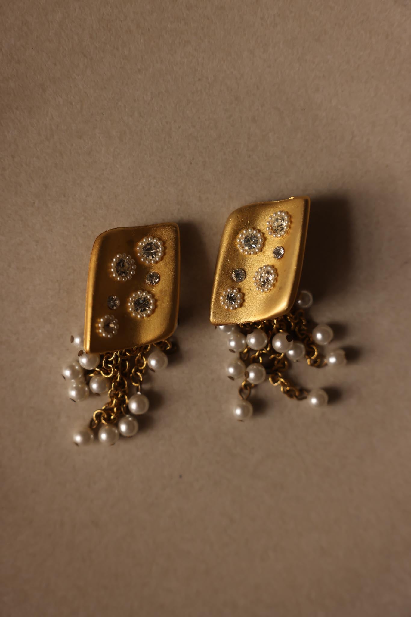 Matte Gold Clip-On Earrings with Faux Pearls and Rhinestones|Vintage Baazaar 