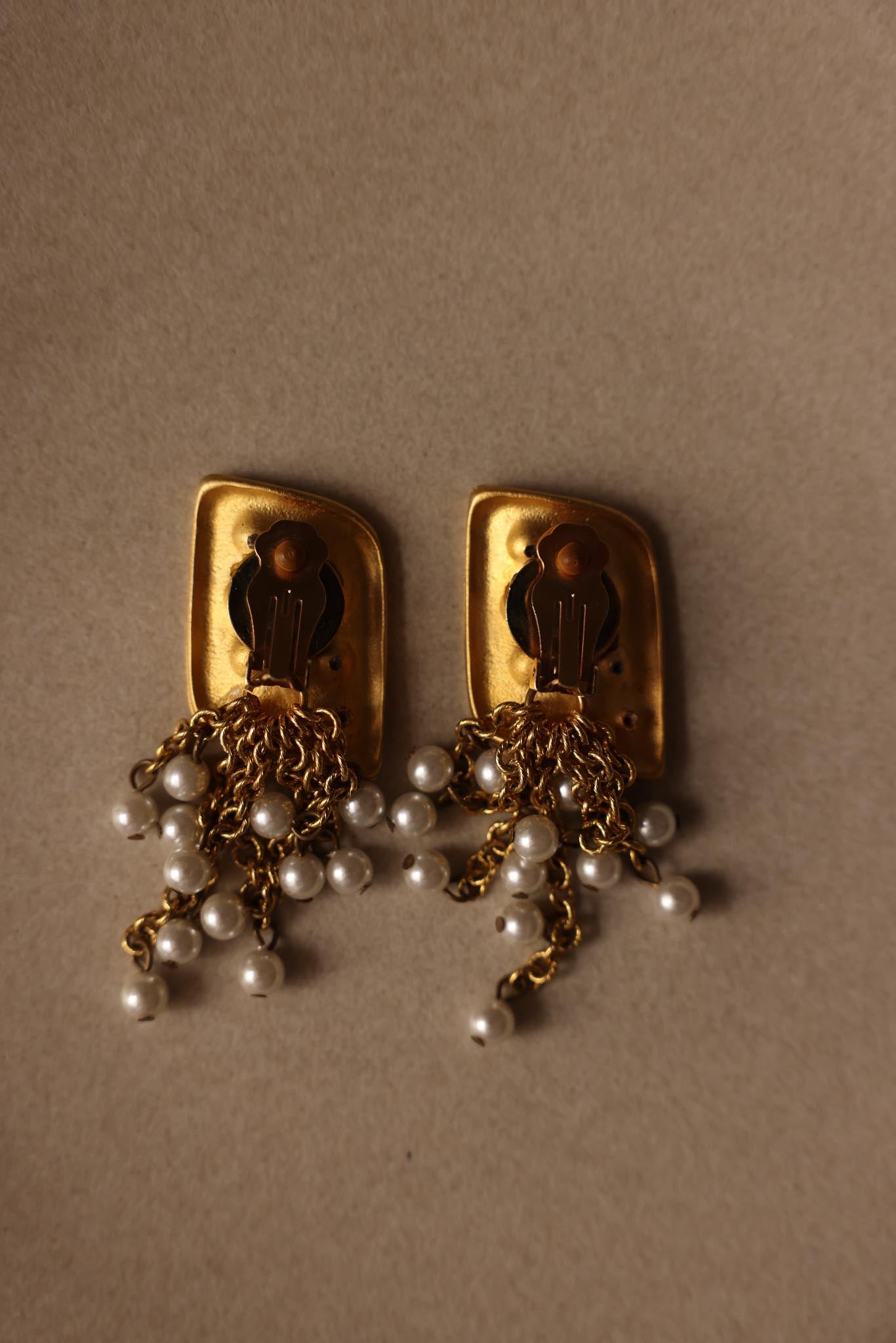 Matte Gold Clip-On Earrings with Faux Pearls and Rhinestones|Vintage Baazaar 