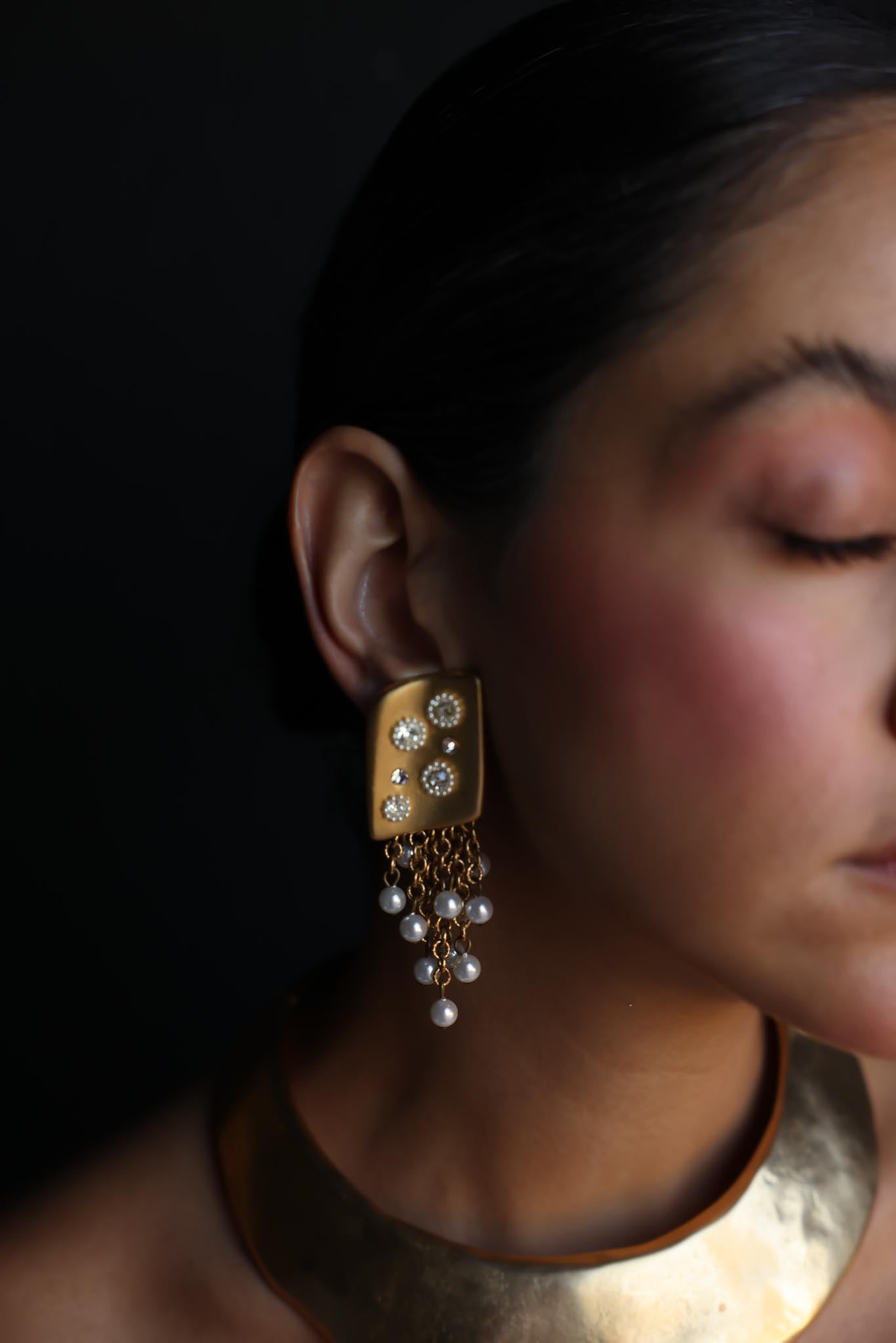 Matte Gold Clip-On Earrings with Faux Pearls and Rhinestones|Vintage Baazaar 