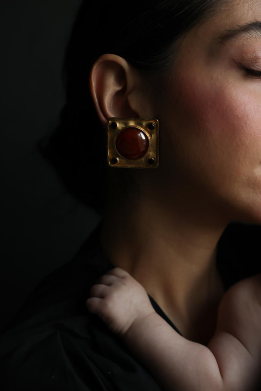 Oversized Square Clip-On Earrings with Amber Center