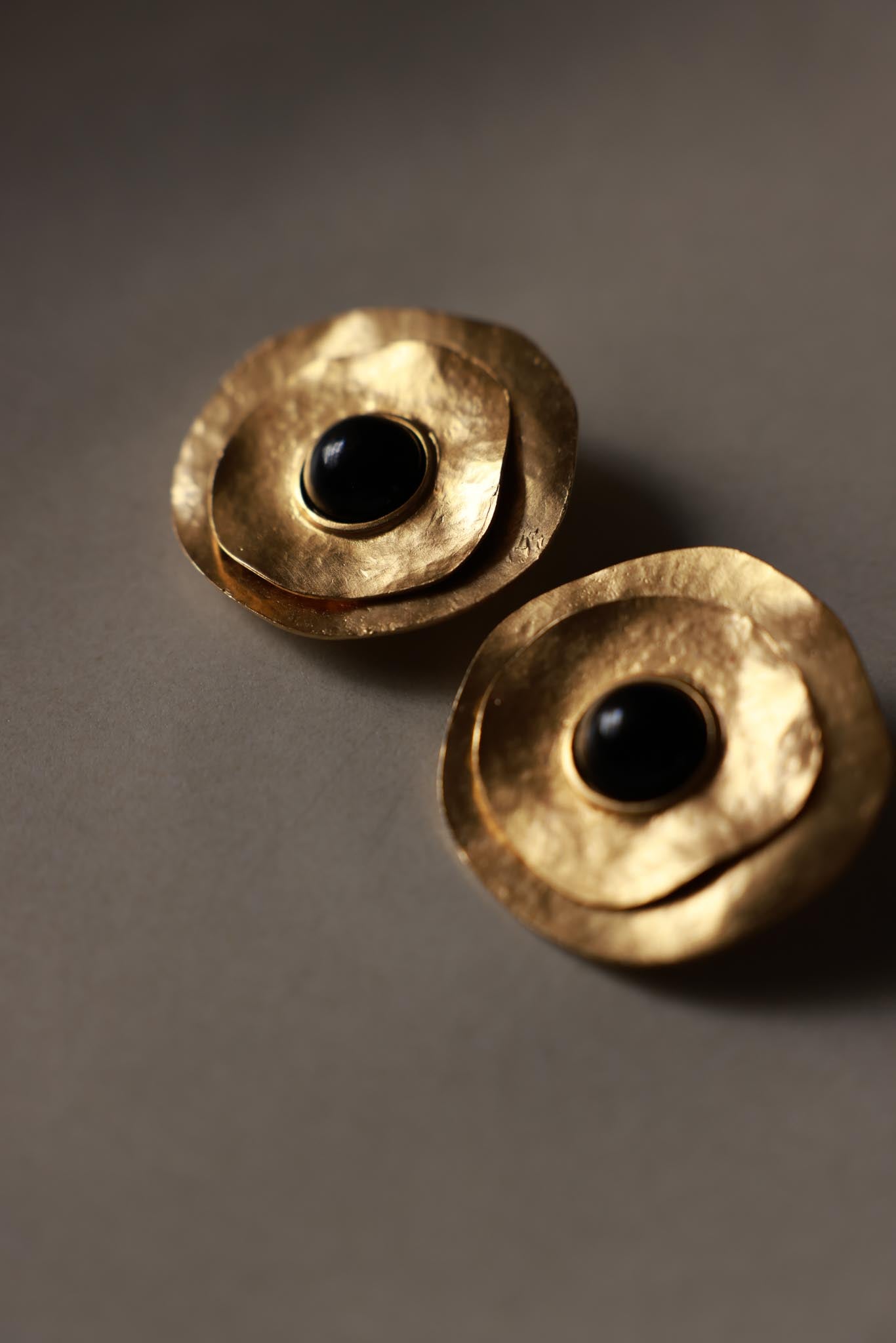 1980s Unsigned Les Bernard Gold Tone Sculptural Clip-On Earrings with Black Centers