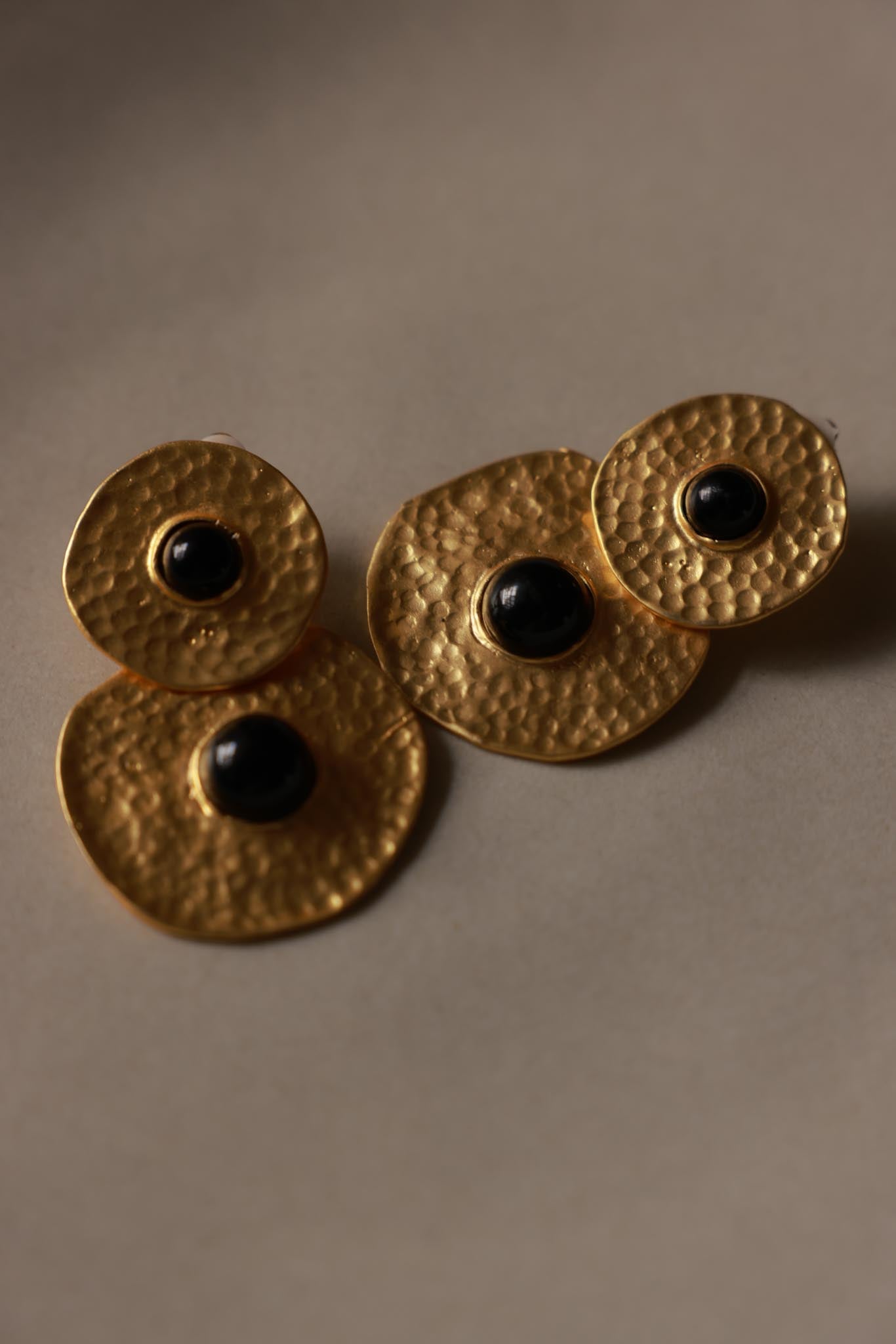 Gold Filled Hammered Disc Clip-On Earrings with Black Centers|Vintage Baazaar 