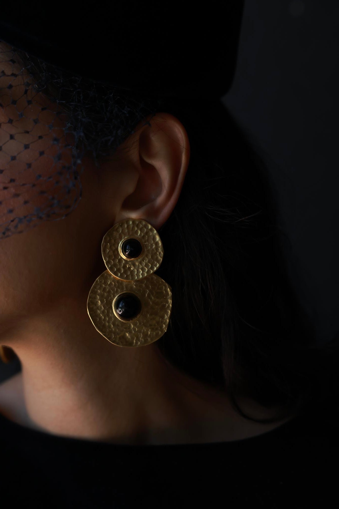 Gold Filled Hammered Disc Clip-On Earrings with Black Centers|Vintage Baazaar 