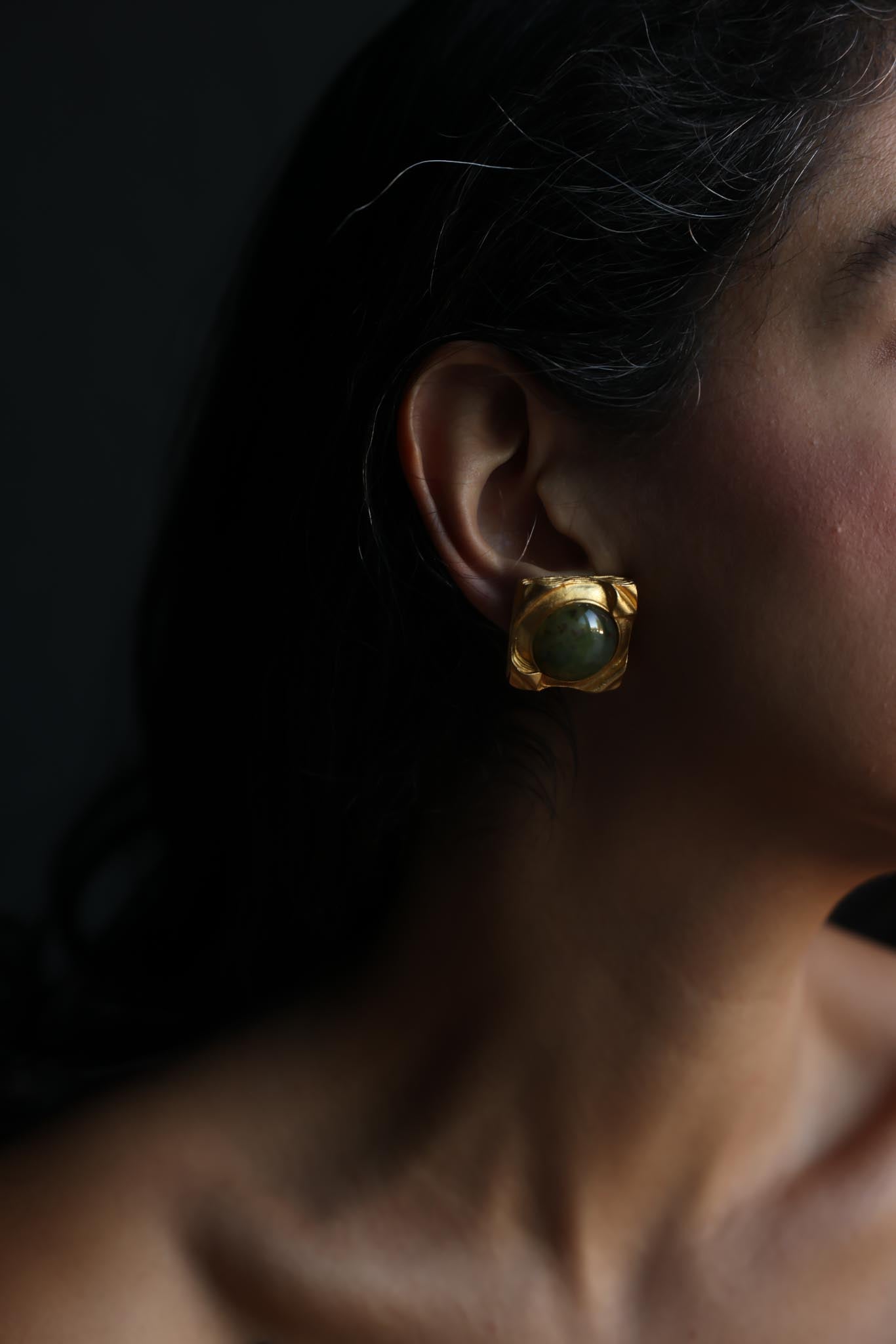 Square Green Cabochon Clip-On Earrings