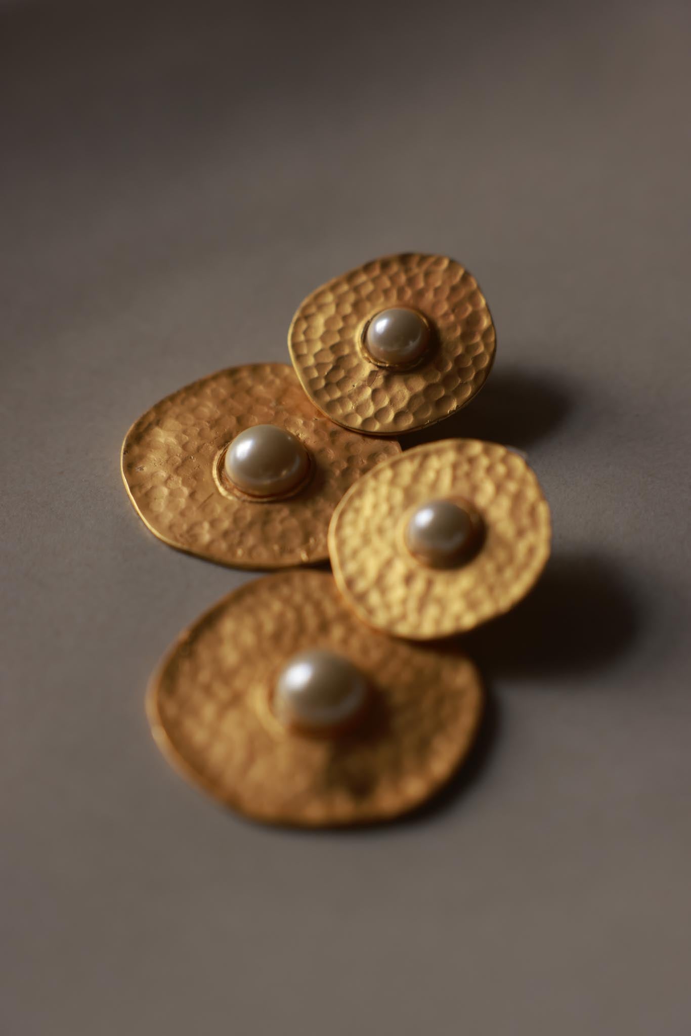 Gold Tone Hammered Disc Clip-On Earrings with Faux Pearl Centers