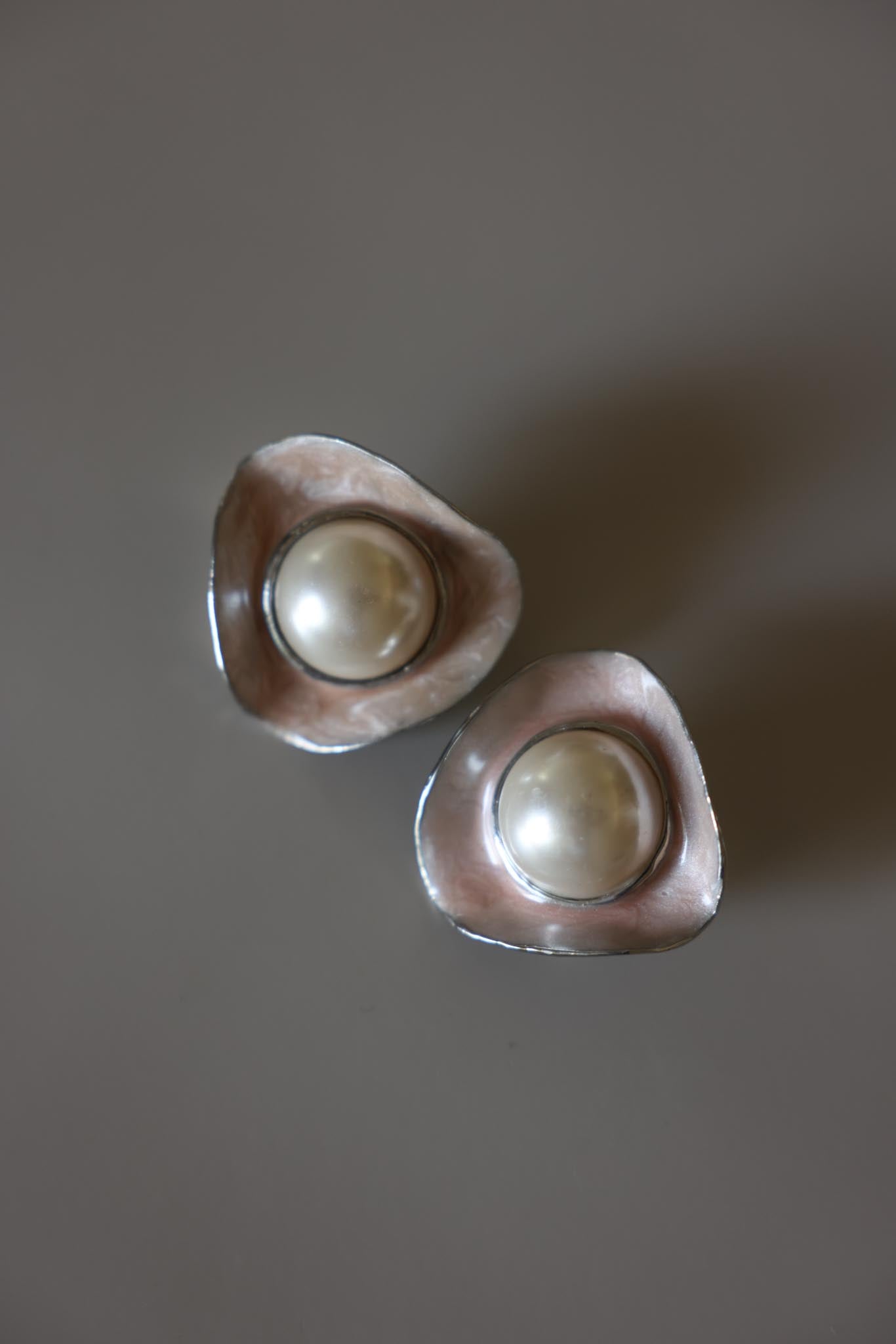 Silvertone Light Pink Enamel Faux Pearl Clip-On Earrings