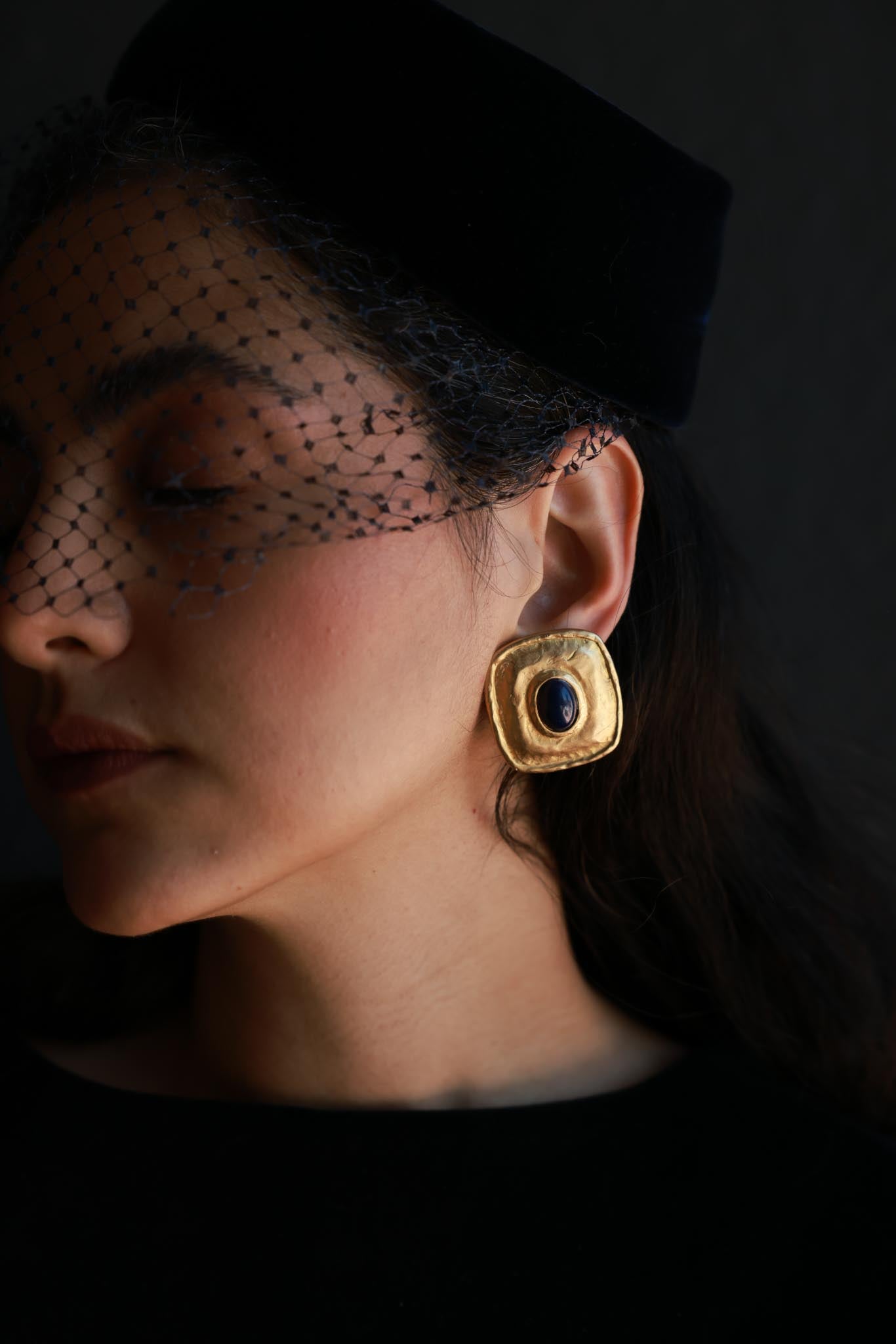 1980s Gold Filled Textured Square Clip-On Earrings with Navy Blue Centers|Vintage Baazaar 