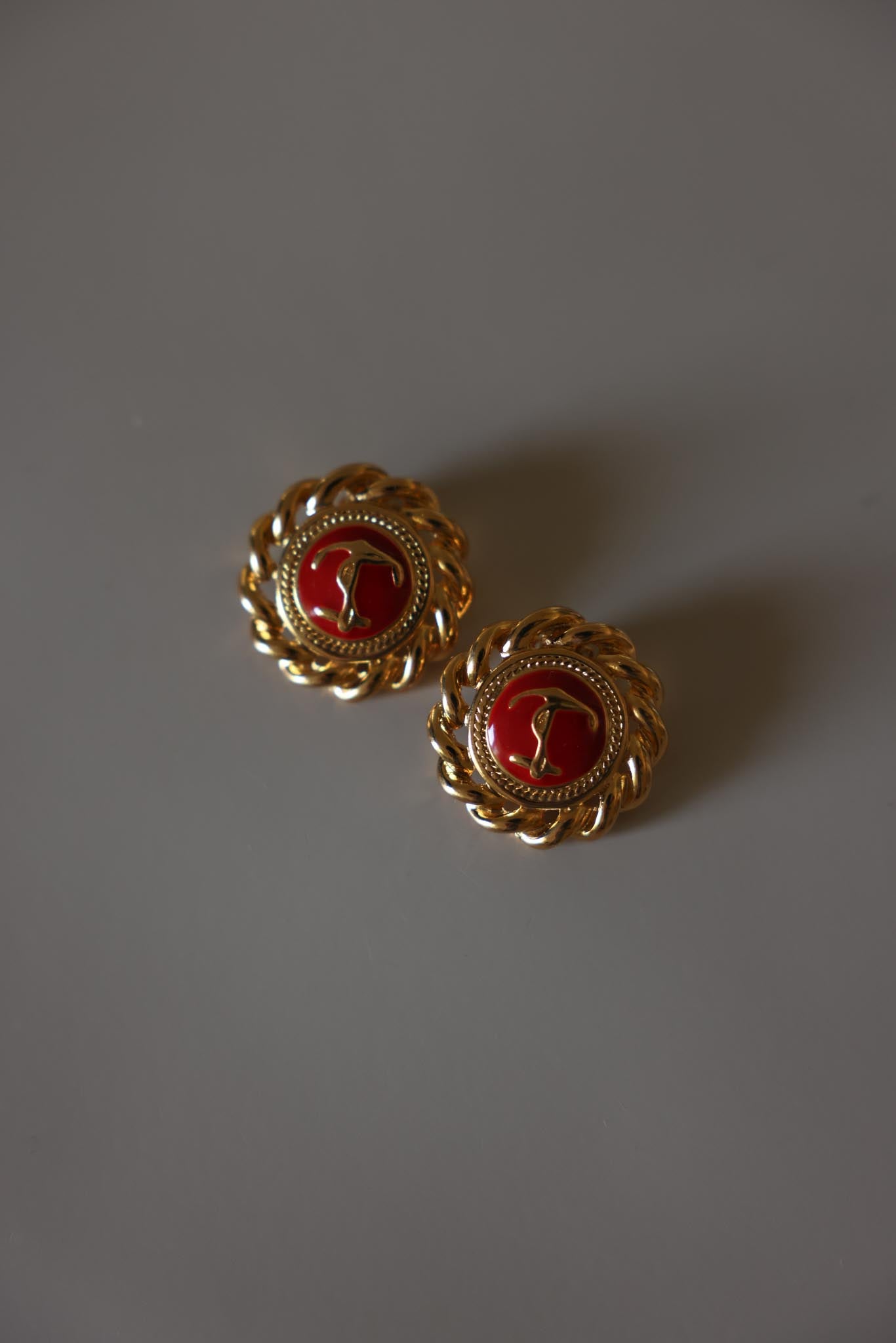 Gold Tone Red Enamel Nautical Rope Clip-On Earrings