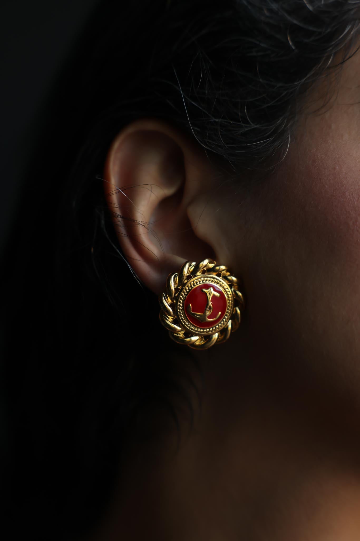 Gold Tone Red Enamel Nautical Rope Clip-On Earrings