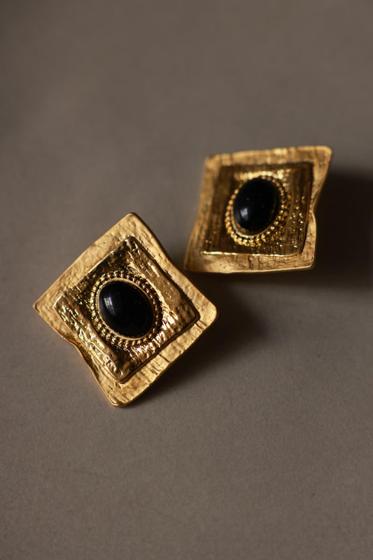 Gold Plated Textured Square Clip-On Earrings with Black Centers|Vintage Baazaar 