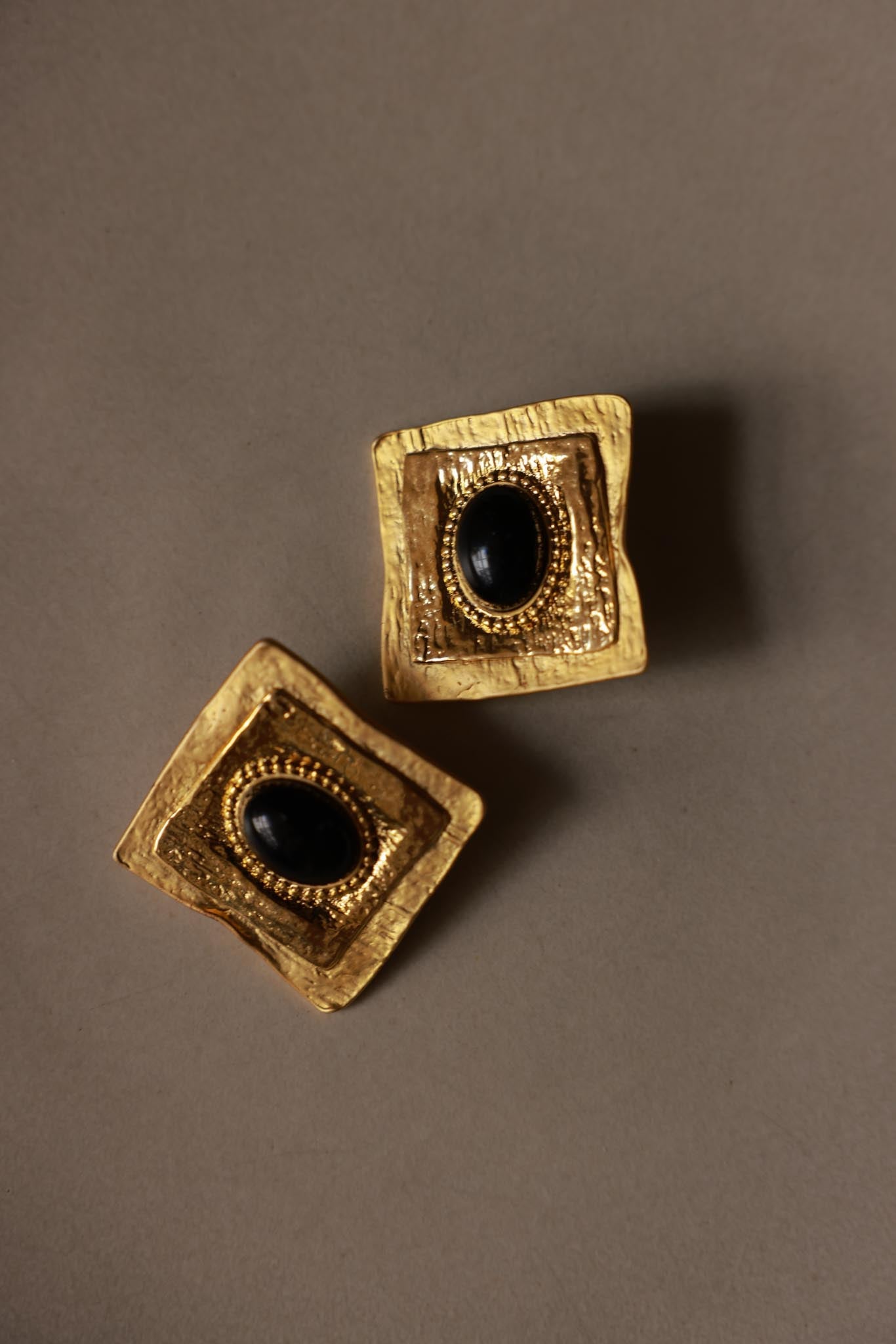 Gold Plated Textured Square Clip-On Earrings with Black Centers|Vintage Baazaar 
