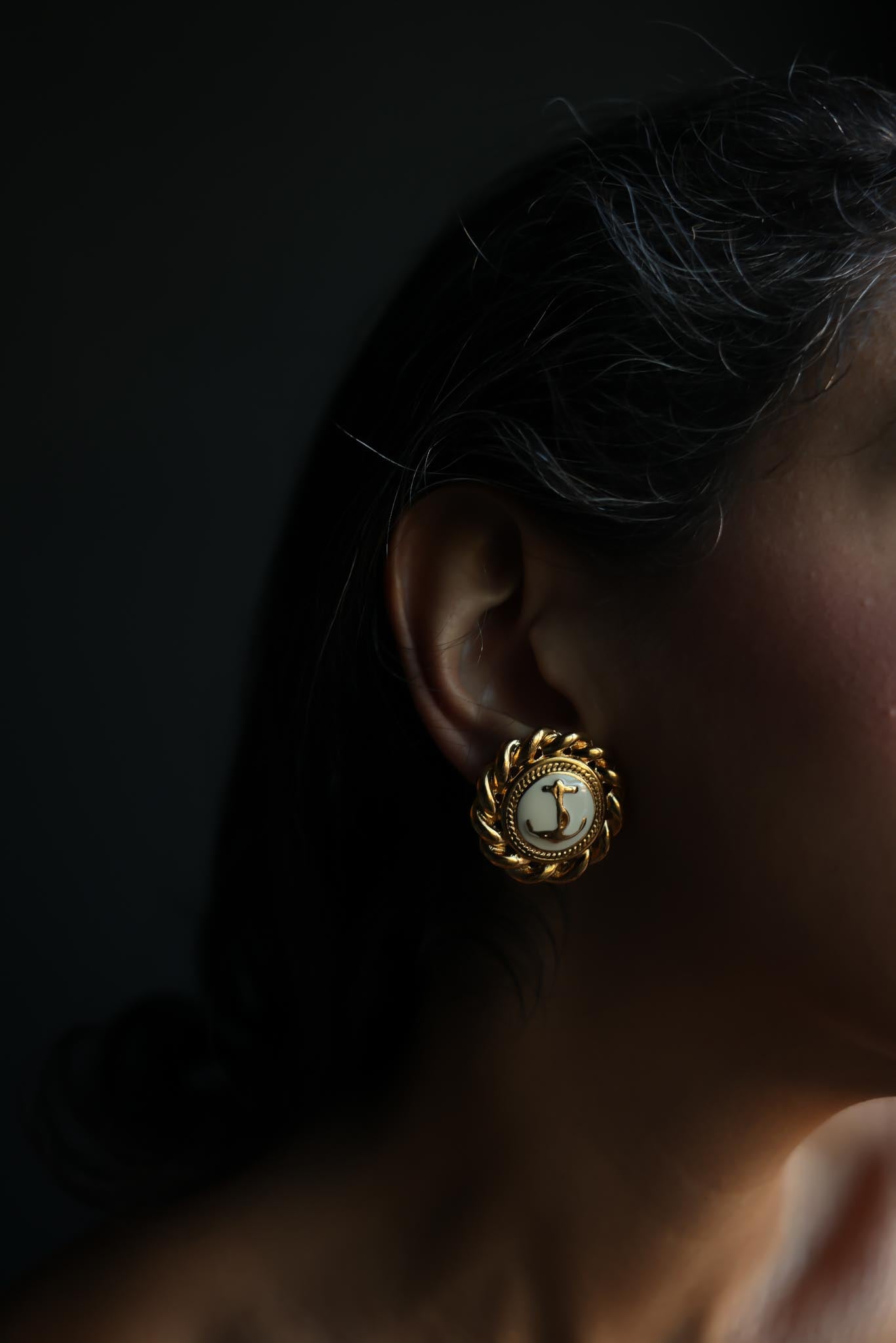Gold Tone White Enamel Nautical Rope Clip-On Earrings