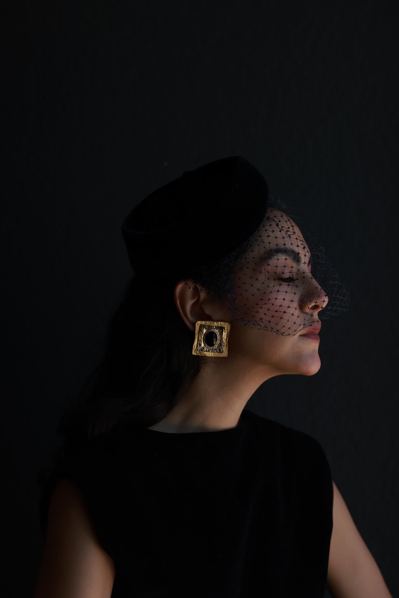 Gold Plated Textured Square Clip-On Earrings with Black Centers|Vintage Baazaar 