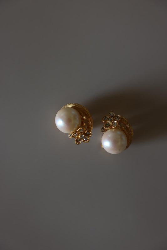 Gold Tone Faux Pearl Rhinestone Floral Clip-On Earrings