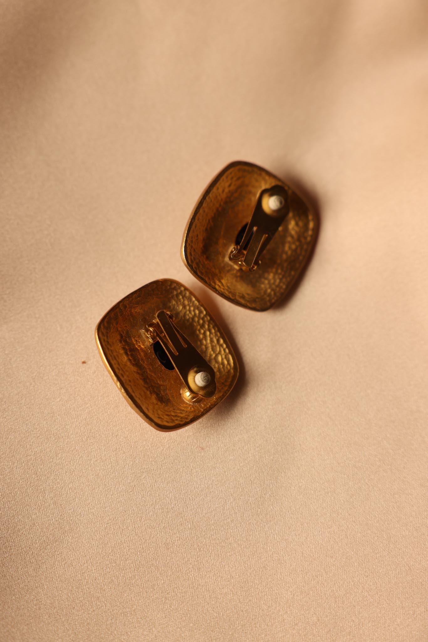 1980s Gold Filled Textured Square Clip-On Earrings with Navy Blue Centers|Vintage Baazaar 