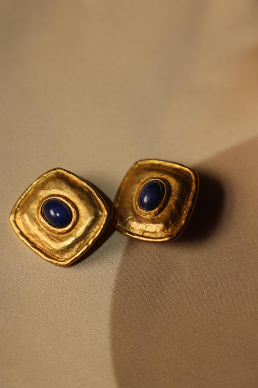1980s Gold Filled Textured Square Clip-On Earrings with Navy Blue Centers|Vintage Baazaar 