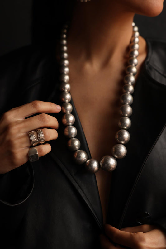 Silver-Tone Graduated Beaded Necklace|Vintage Baazaar 