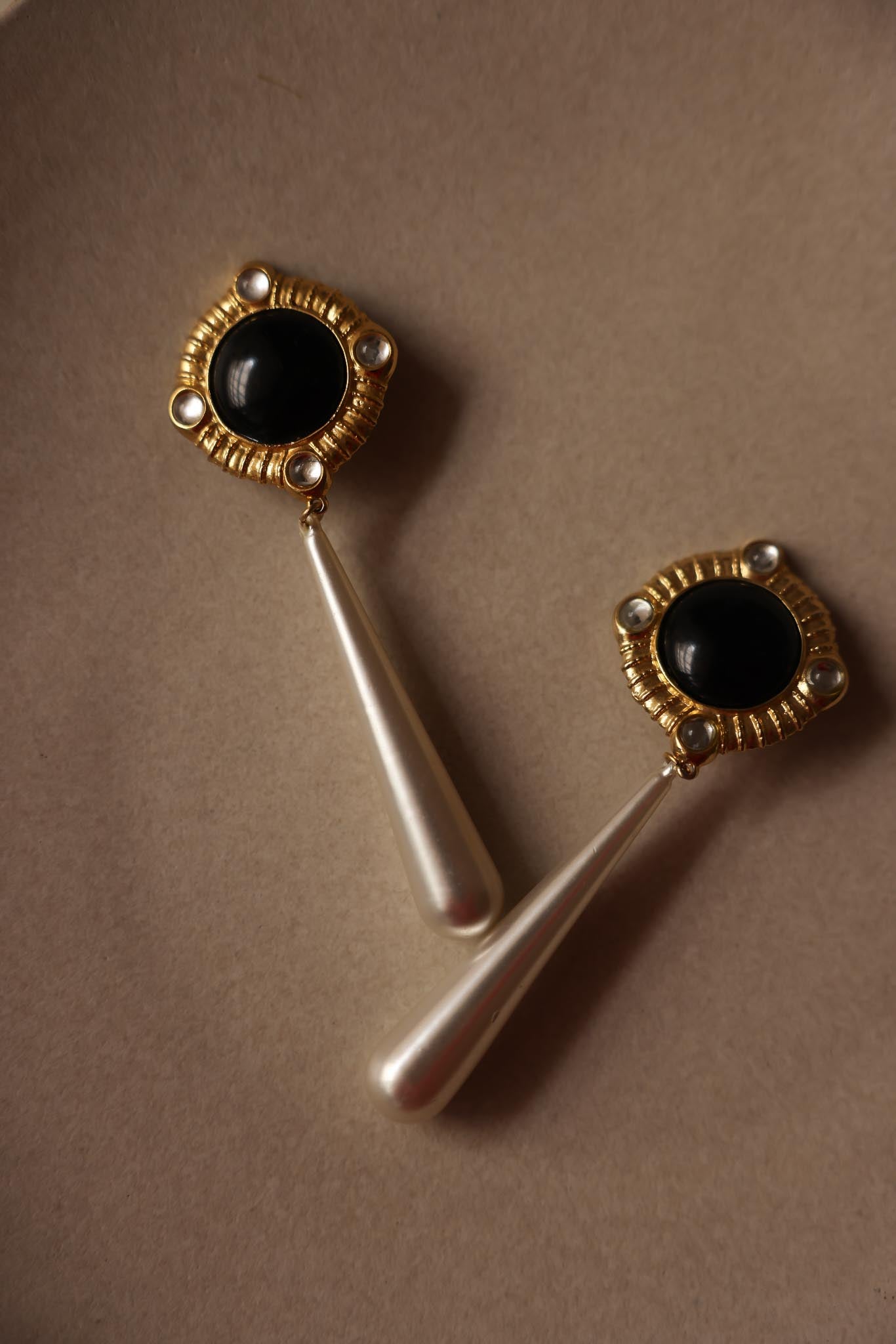Park Lane Black and Pearl Drop Clip-On Earrings|Vintage Baazaar 