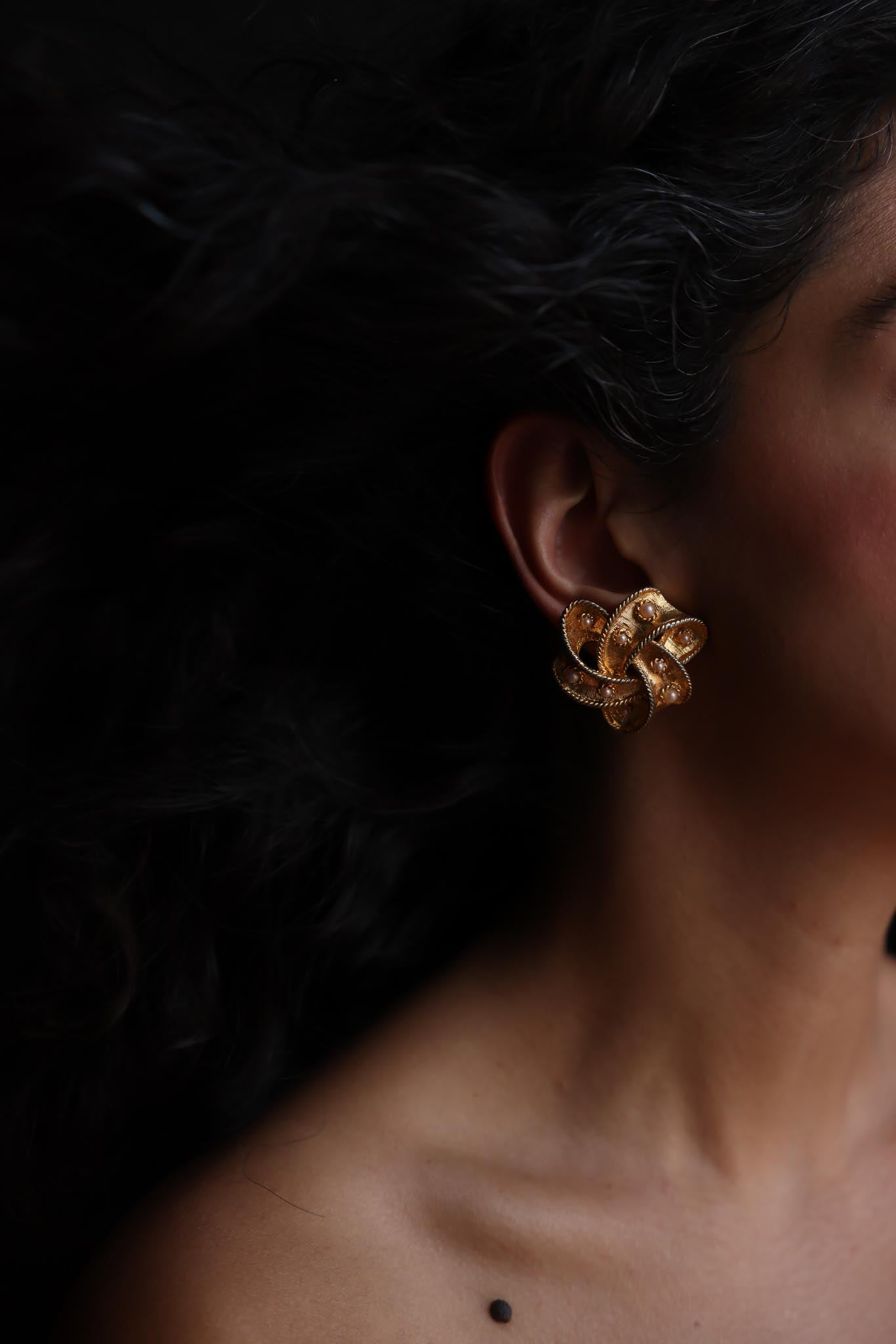 Gold Knot Clip-On Earrings with Faux Pearls|Vintage Baazaar 