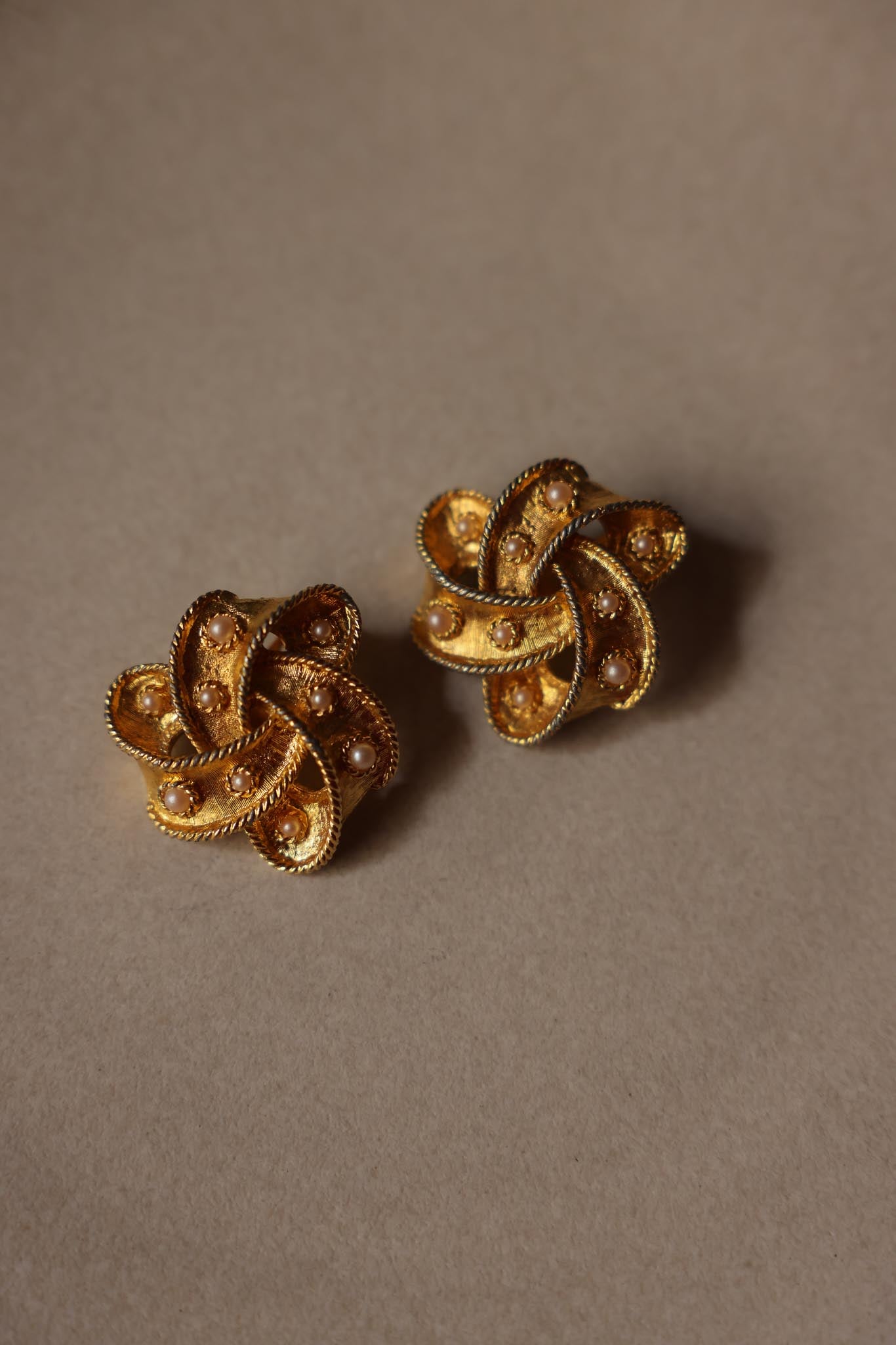 Gold Knot Clip-On Earrings with Faux Pearls|Vintage Baazaar 