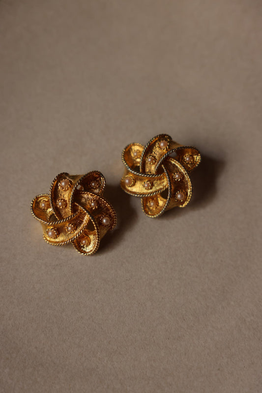 Gold Knot Clip-On Earrings with Faux Pearls|Vintage Baazaar 