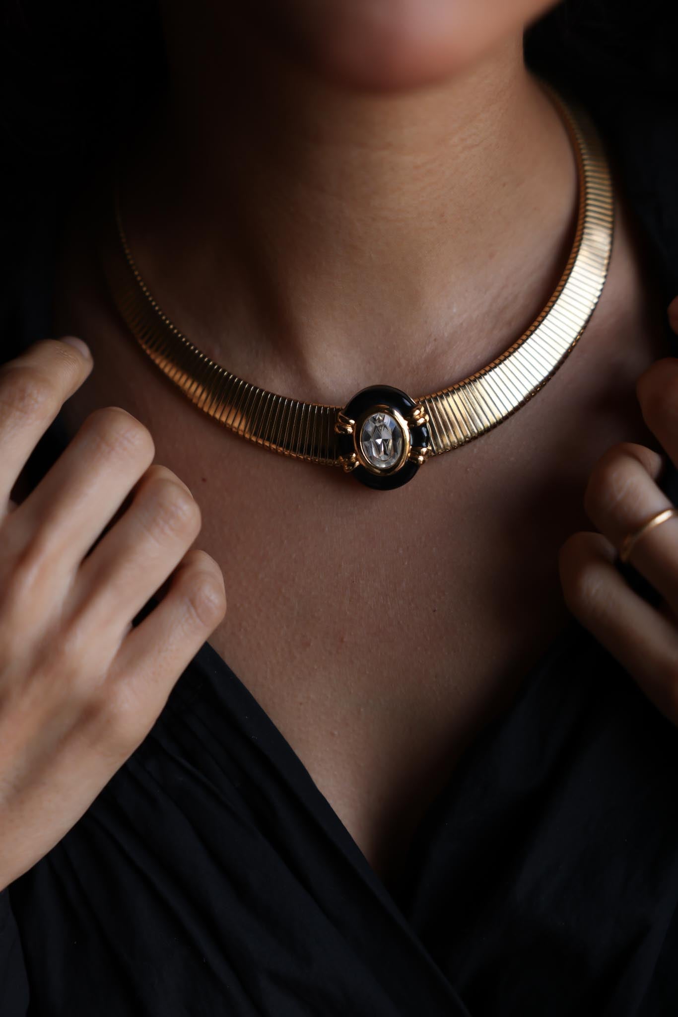 Omega Chain Necklace with Removable Enamel and Rhinestone Pendant|Vintage Baazaar 