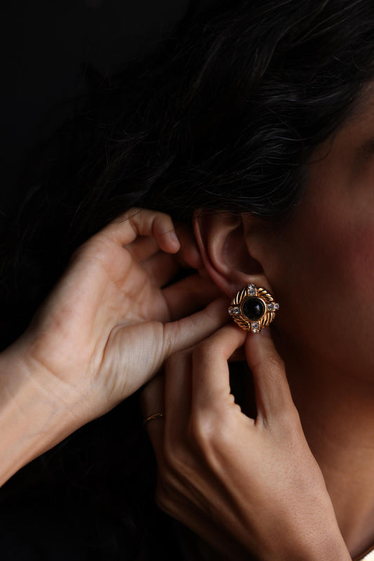 Joan Rivers Black & Gold Clip-On Earrings with Rhinestones|Vintage Baazaar 