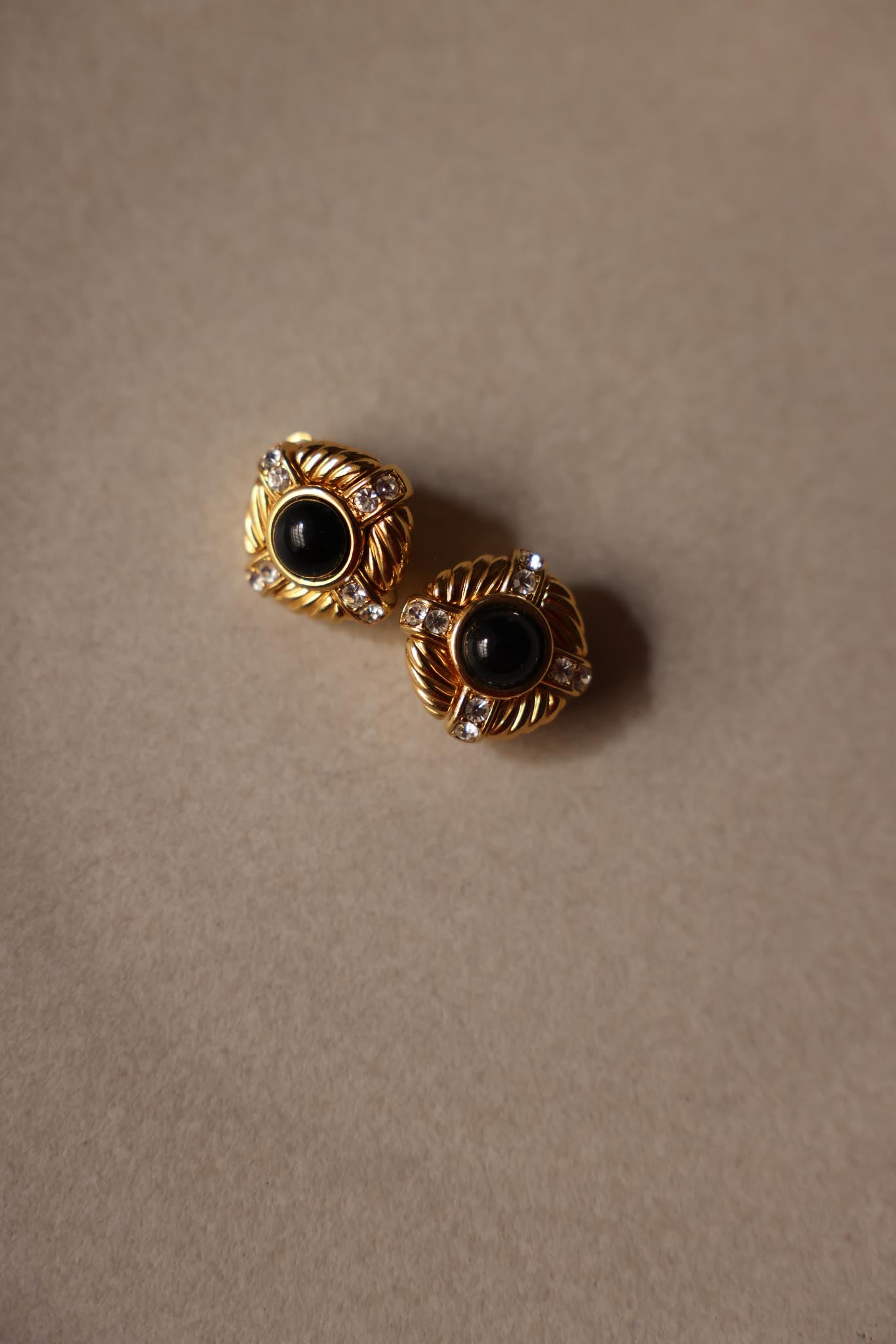 Joan Rivers Black & Gold Clip-On Earrings with Rhinestones|Vintage Baazaar 