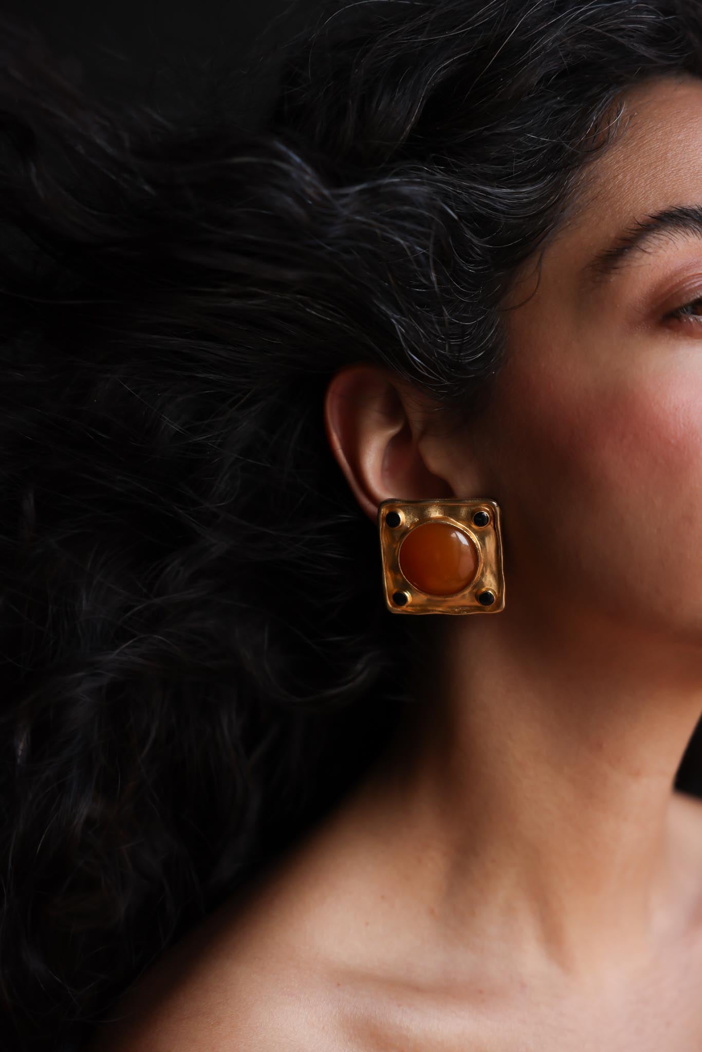 Square Matte Gold And Orange Cabochon Clip-On Earrings