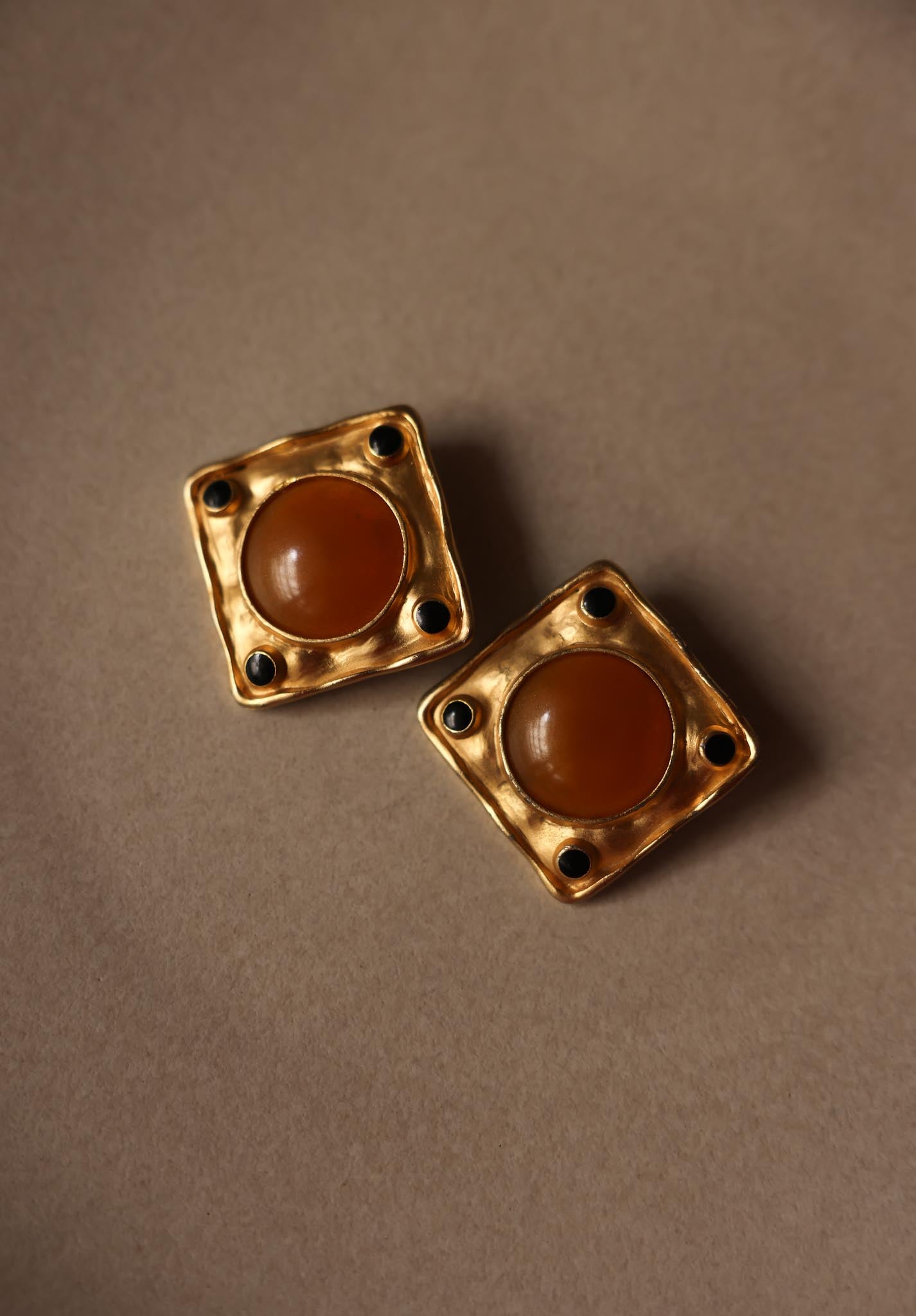 Square Matte Gold And Orange Cabochon Clip-On Earrings