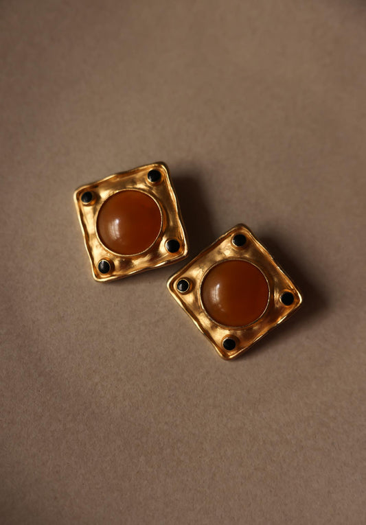 Square Matte Gold And Orange Cabochon Clip-On Earrings