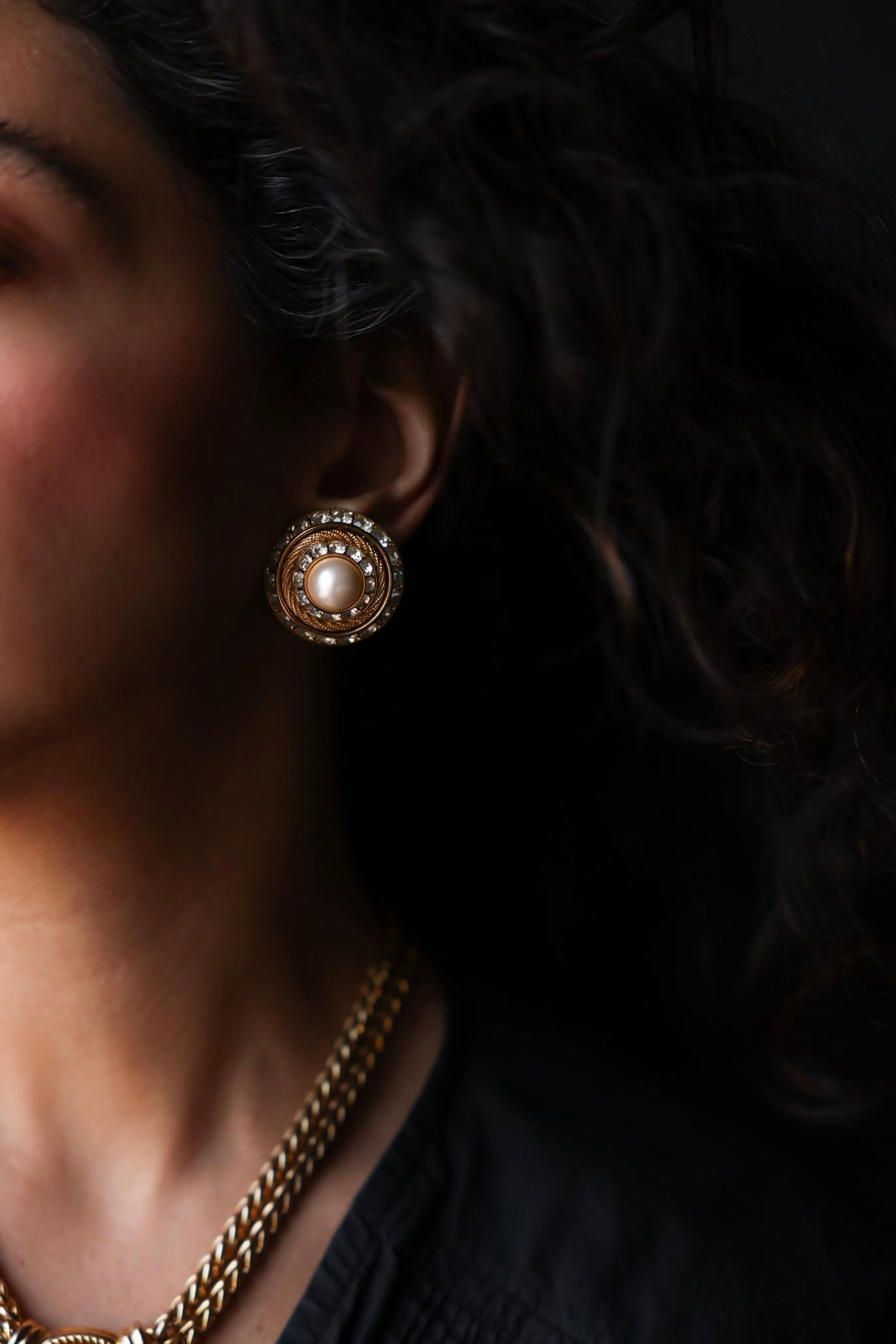 Golden Halo Clip-On Earrings with Faux Pearl and Rhinestones|Vintage Baazaar 